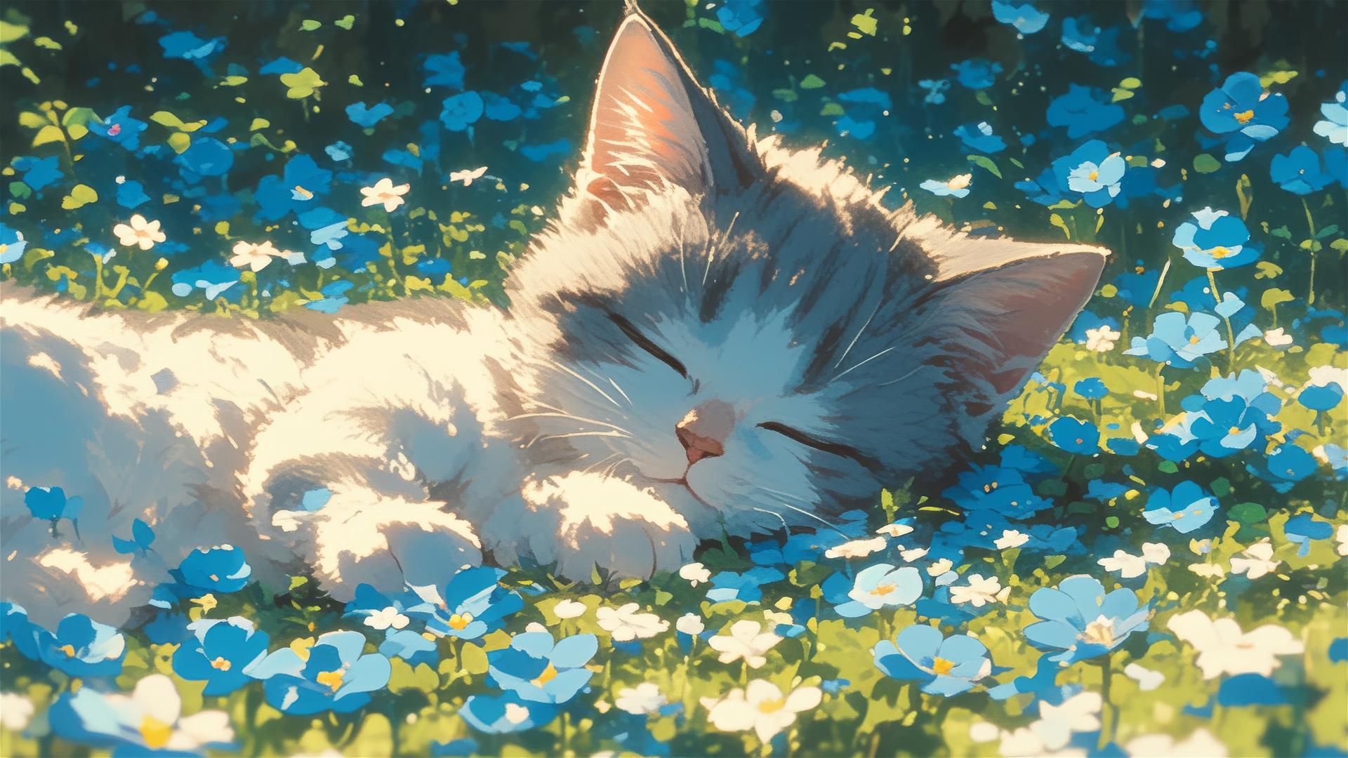 Panoramic colorful Japanese animation of a sleeping British Shorthair cat amidst flowers