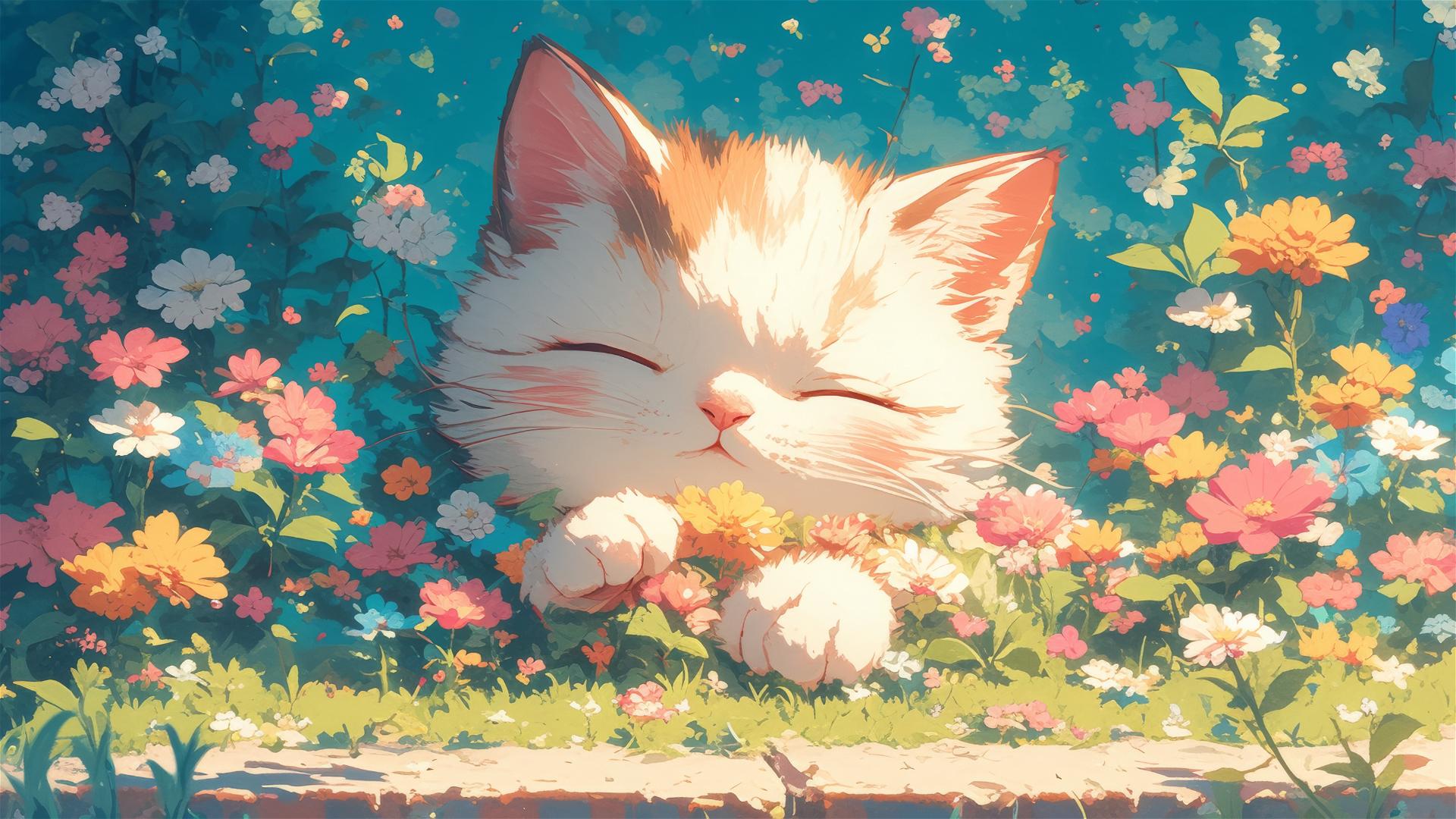 Cute British Shorthair sleeping among colorful flowers in a panoramic Japanese animation style