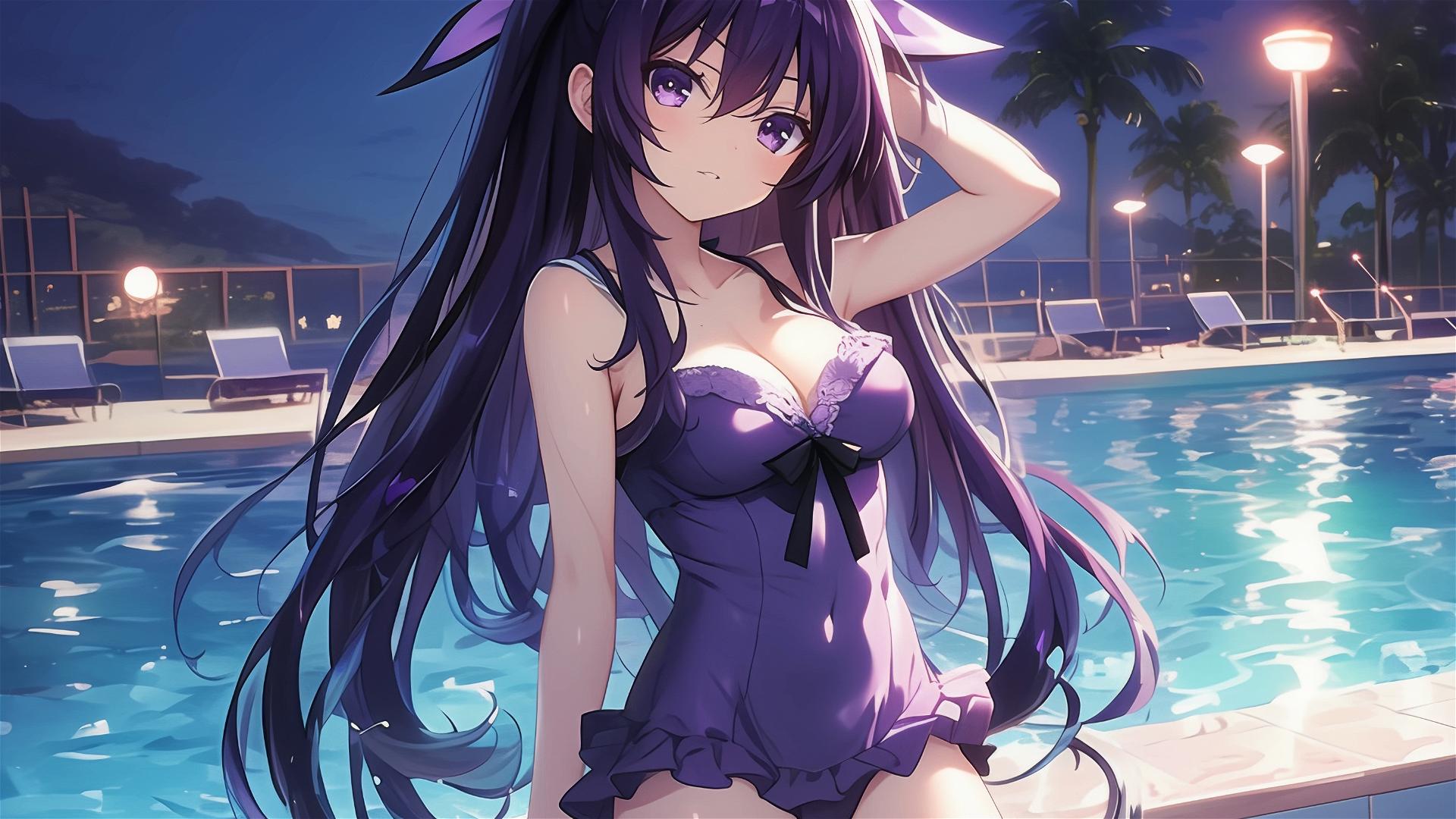 Tohka Yatogami from Date A Live in pool under moonlight, dark-purple hair