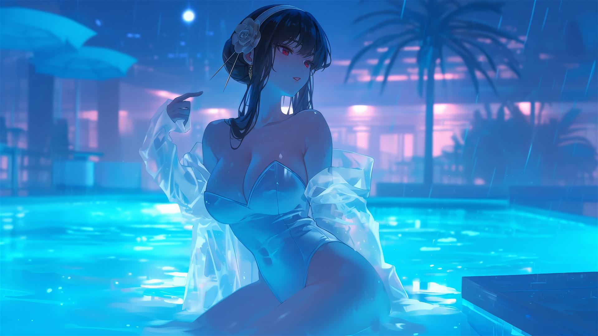 Yor Forger from Spy x Family in bunny girl style, standing in a pool under moonlight on a rainy day, dressed in white.