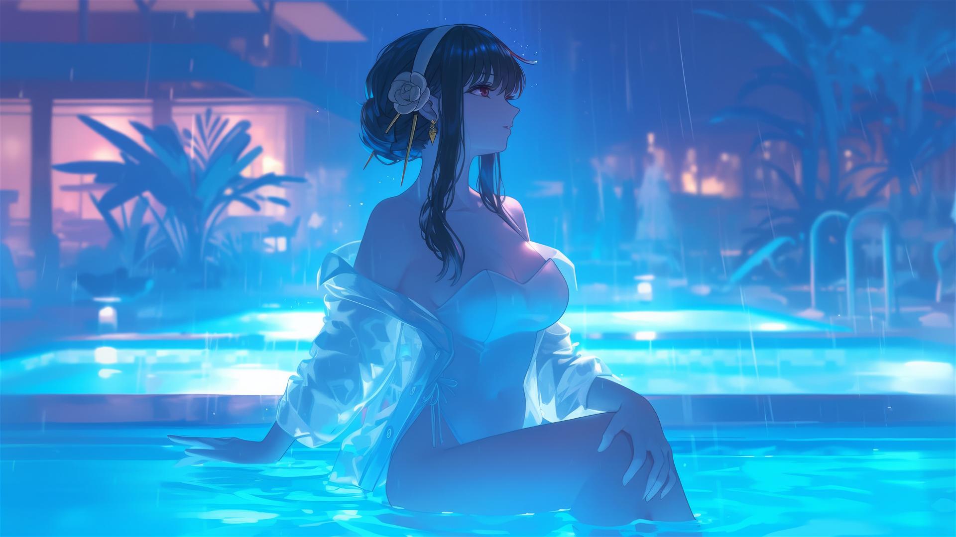 Yor Forger from Spy x Family in bunny girl outfit standing in a pool under moonlight on a rainy day