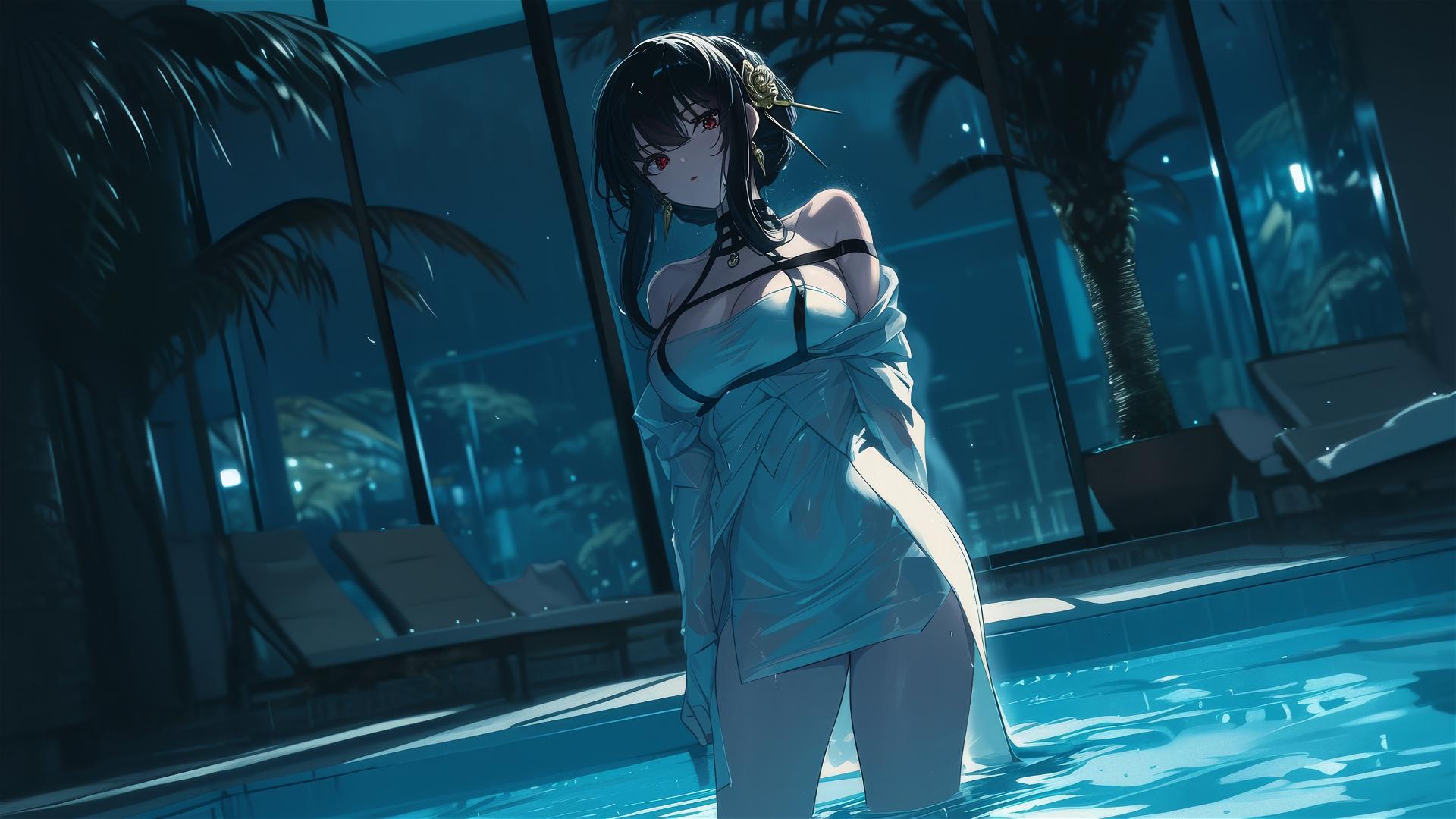 Yor Forger as a bunny girl in a pool under moonlight on a rainy day