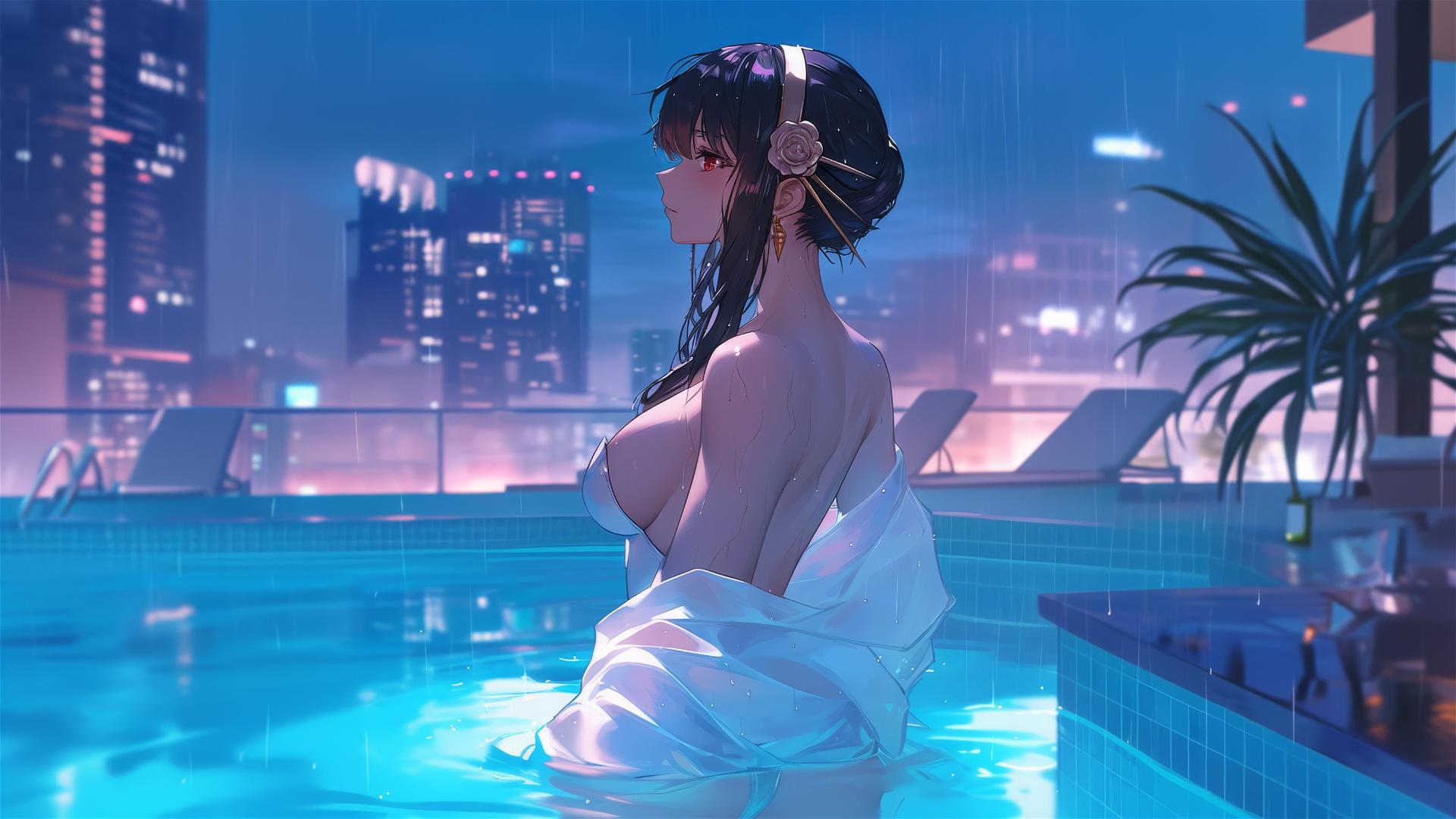 Yor Forger as a bunny girl in white, standing in a pool under moonlight in the rain
