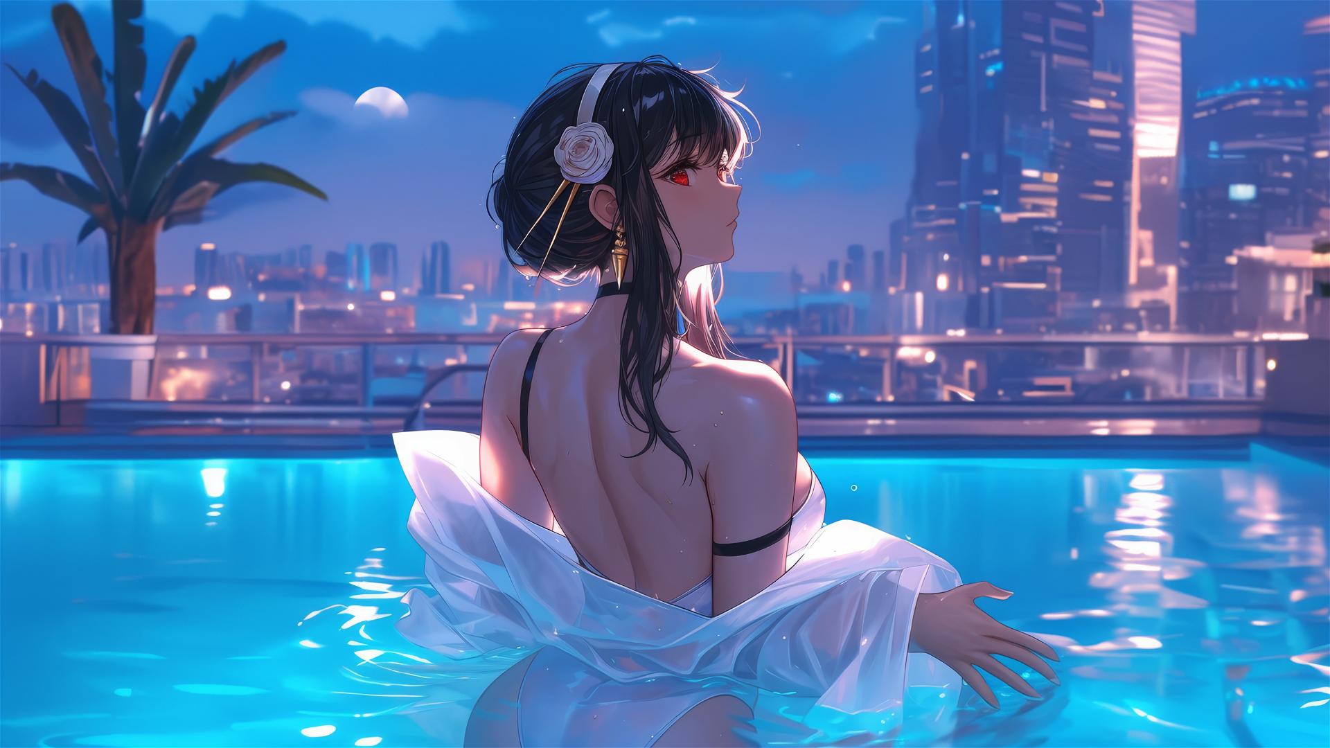 Yor Forger in bunny outfit standing in pool under moonlight