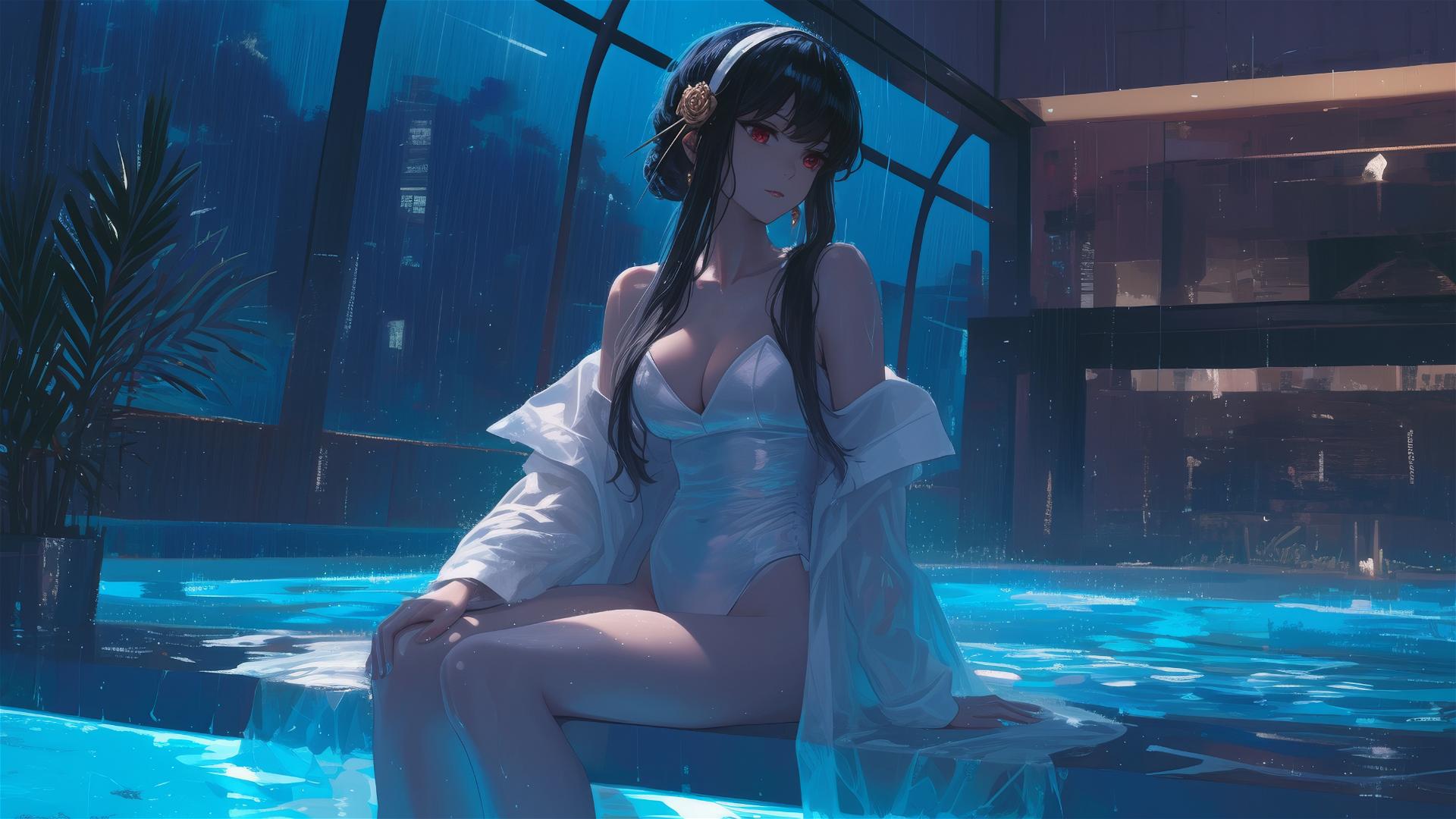 Yor Forger as a bunny girl in a pool under moon light on a rainy day.