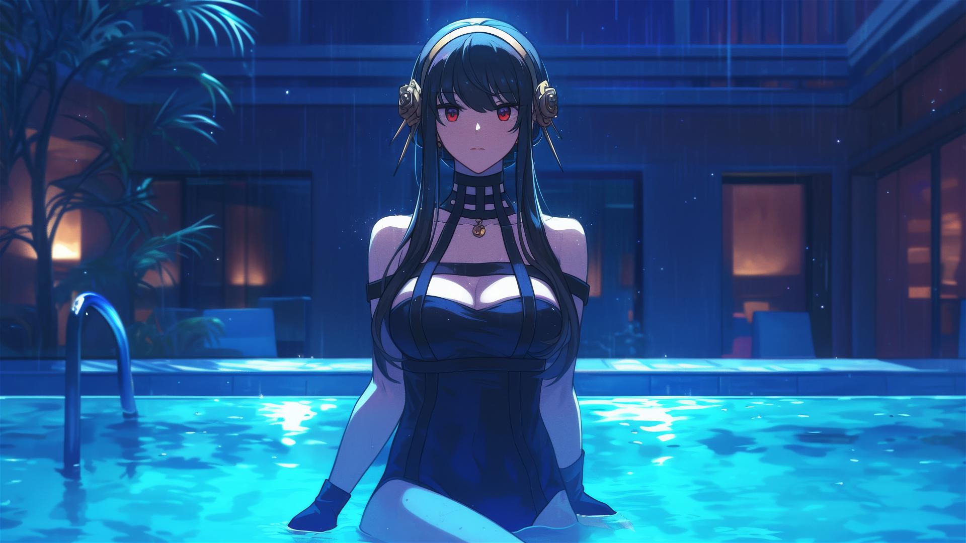 Yor Forger in bunny girl outfit standing in pool with moonlight, rainy day