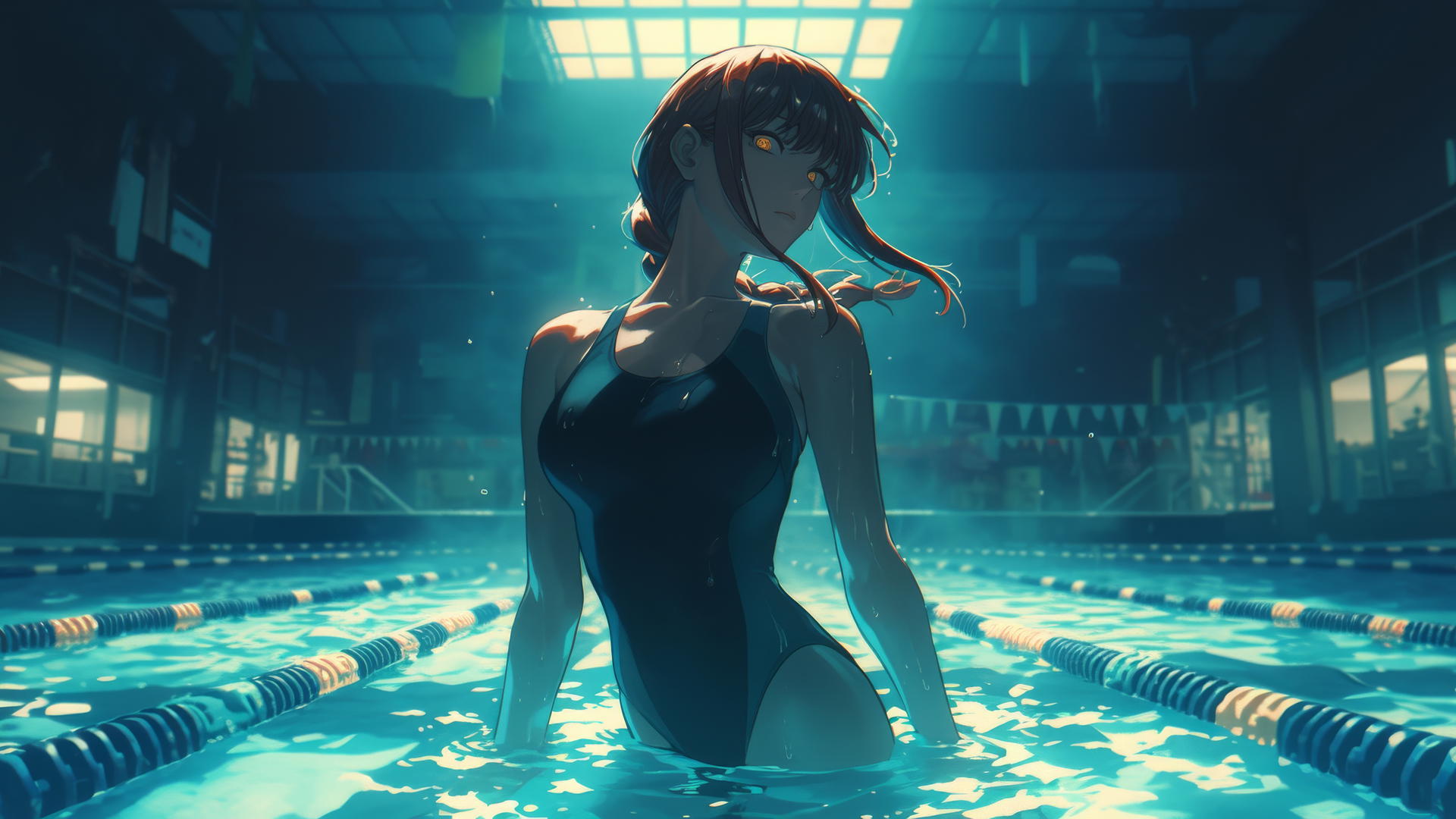 Makima from Chainsaw Man standing in pool under moonlight, red hair glowing