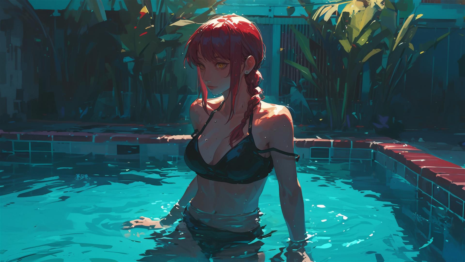 Makima from Chainsaw Man standing in a pool under moonlight