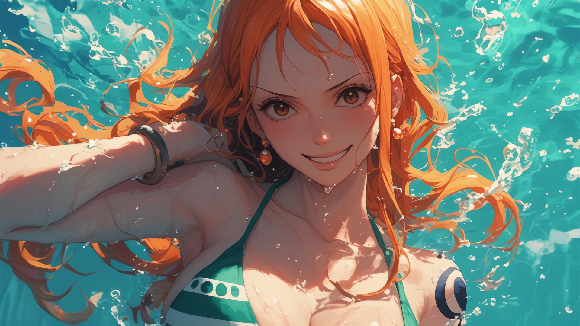 Nami from One Piece swimming in a pool with moonlight casting a soft glow on her