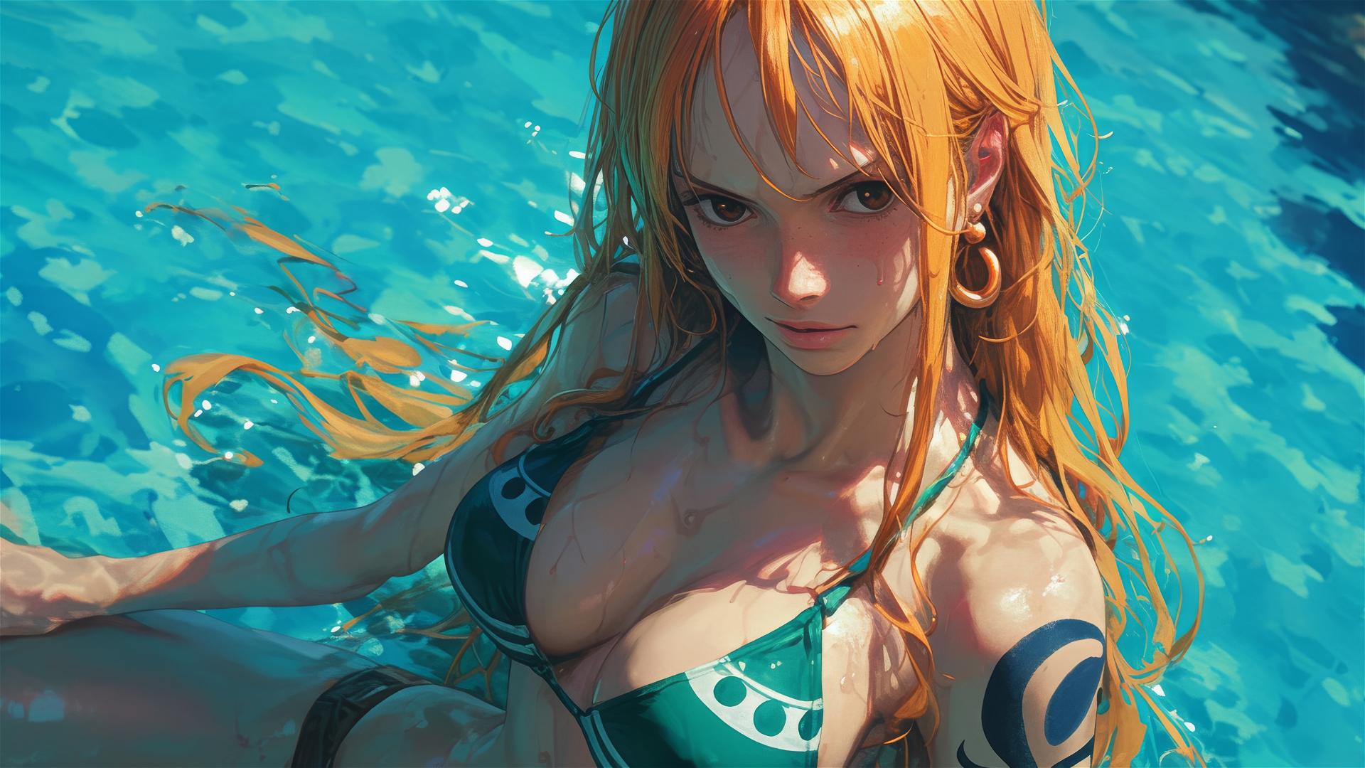 Nami from One Piece resting by pool under moonlight