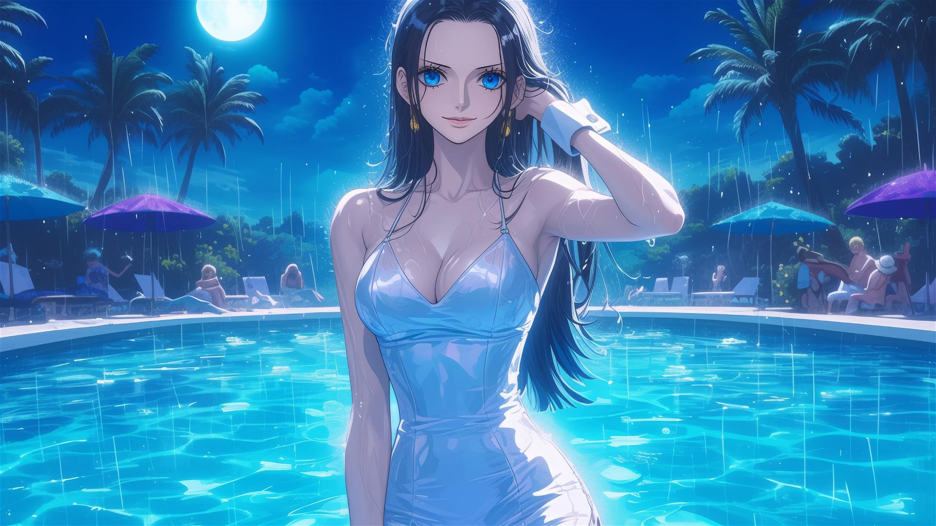 Nico Robin from One Piece in a bunny girl pose in a rainy pool with moonlit glow