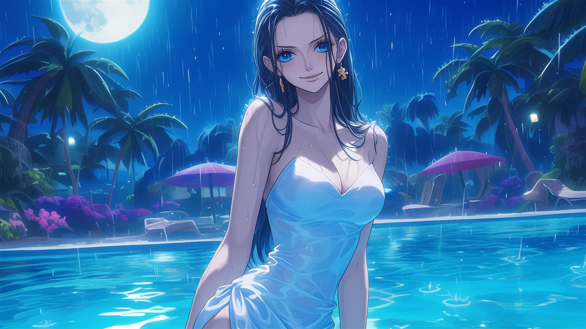 Nico Robin in rainy pool with moonlight, bunny girl pose, blue eyes, white dress