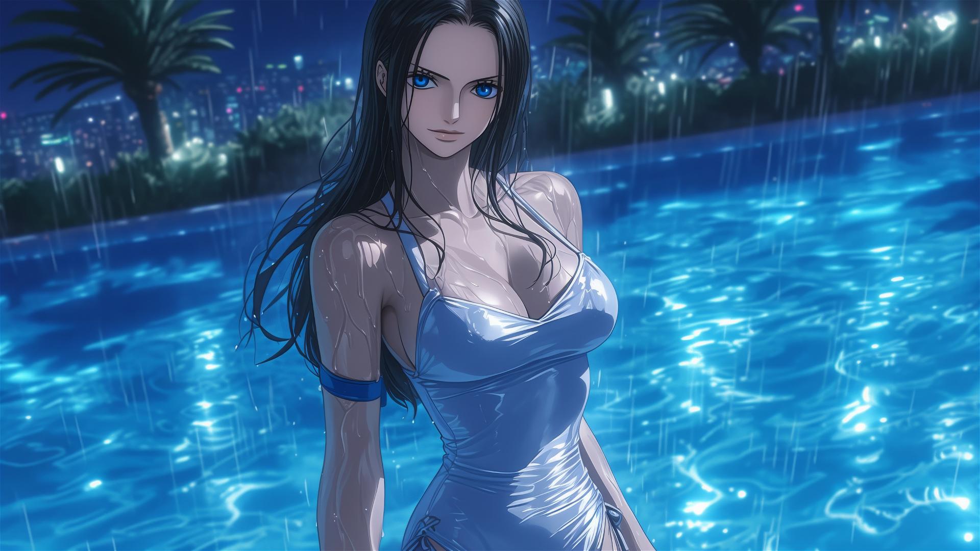 Nico Robin from One Piece, standing in rain by pool with moonlight glow, bunny girl pose in white dress.