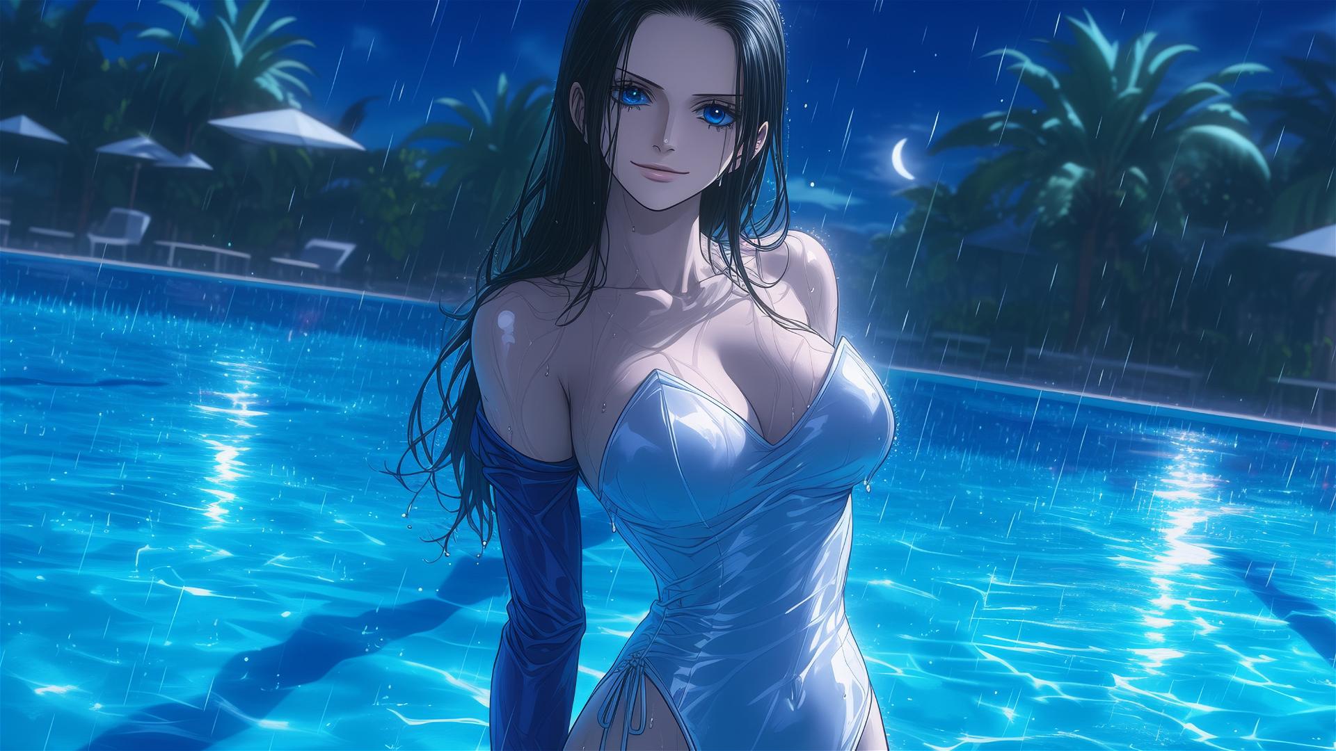 Nico Robin from One Piece in a bunny girl pose with blue eyes and white dress under moonlight by a rainy pool.