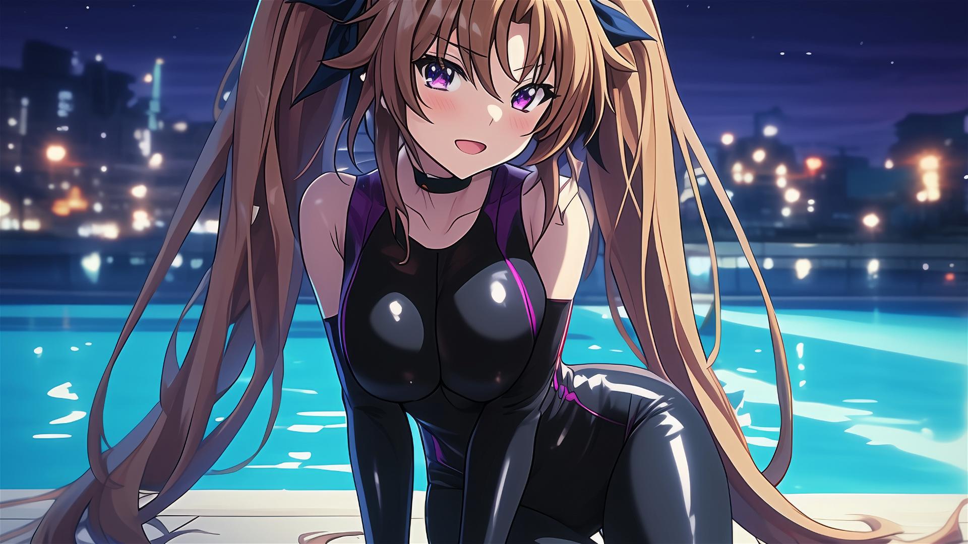 Irina Shidou from High School DxD resting by pool under moonlight, violet eyes, chestnut twintails with blue scrunchies
