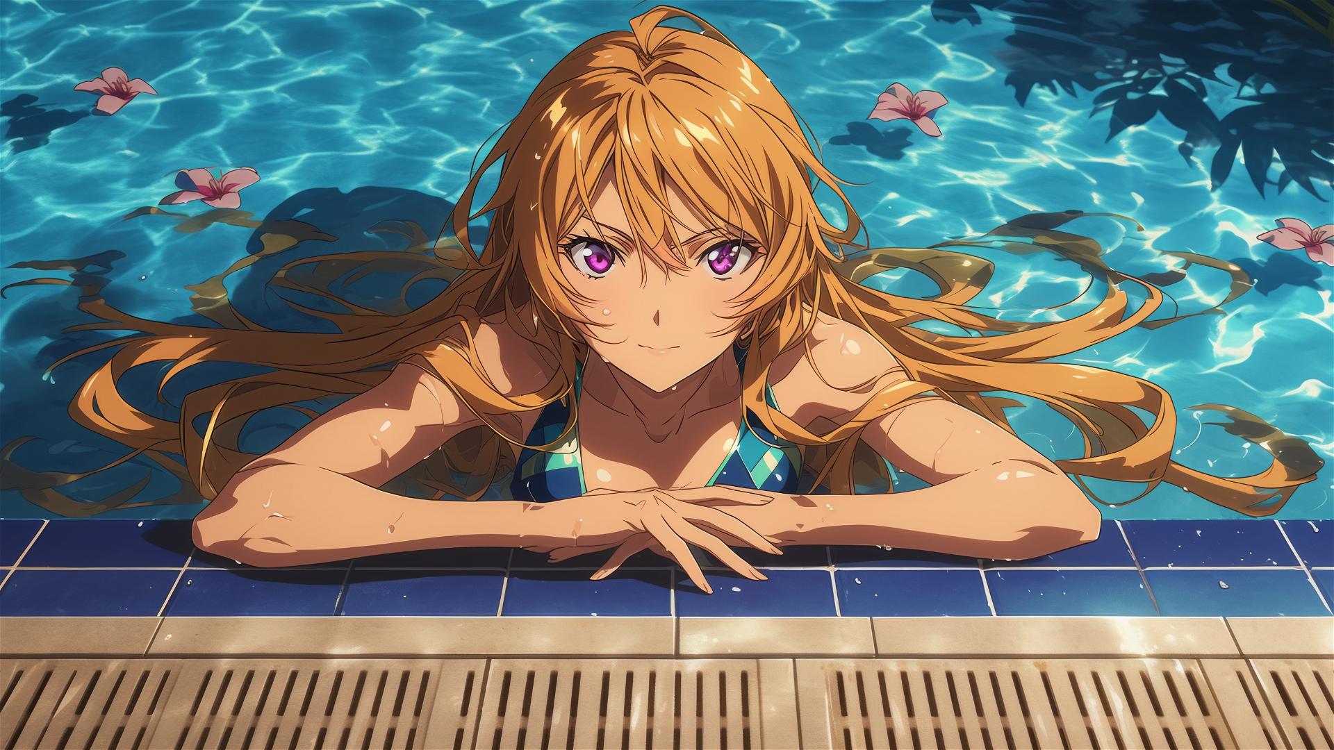 Erina Nakiri swimming under moonlight with pinkish-purple eyes, blonde hair