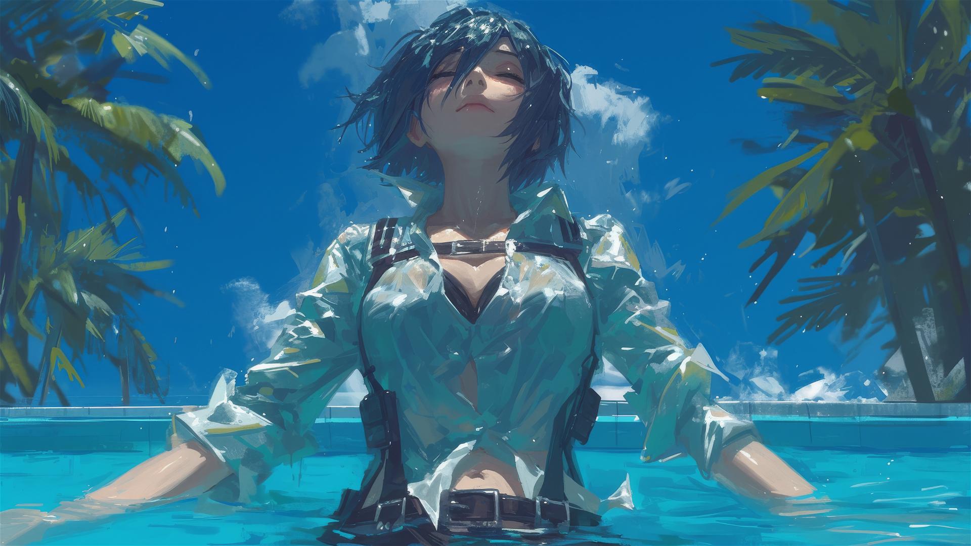 Mikasa Ackerman swimming in moonlit pool