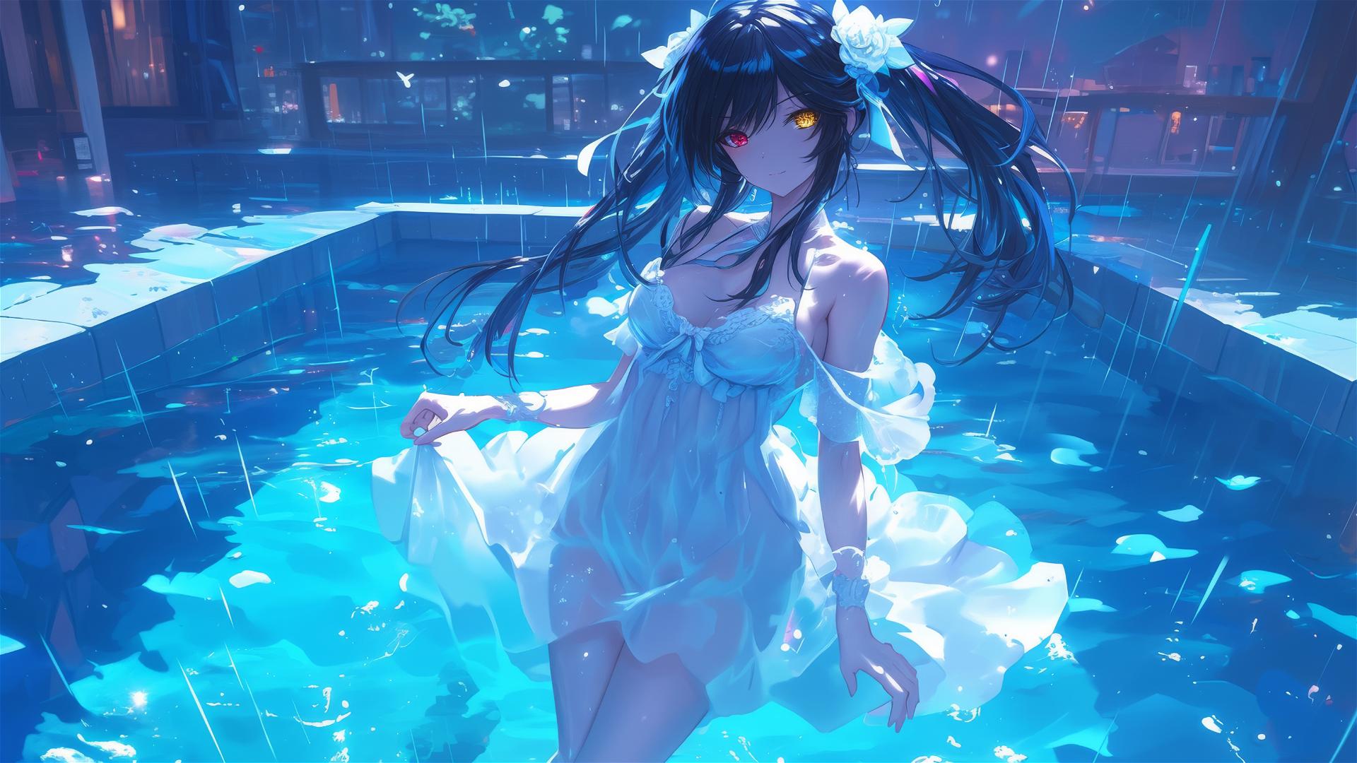 Kurumi Tokisaki standing in the rain at a pool with moonlight on her white dress, having one red and one yellow eye