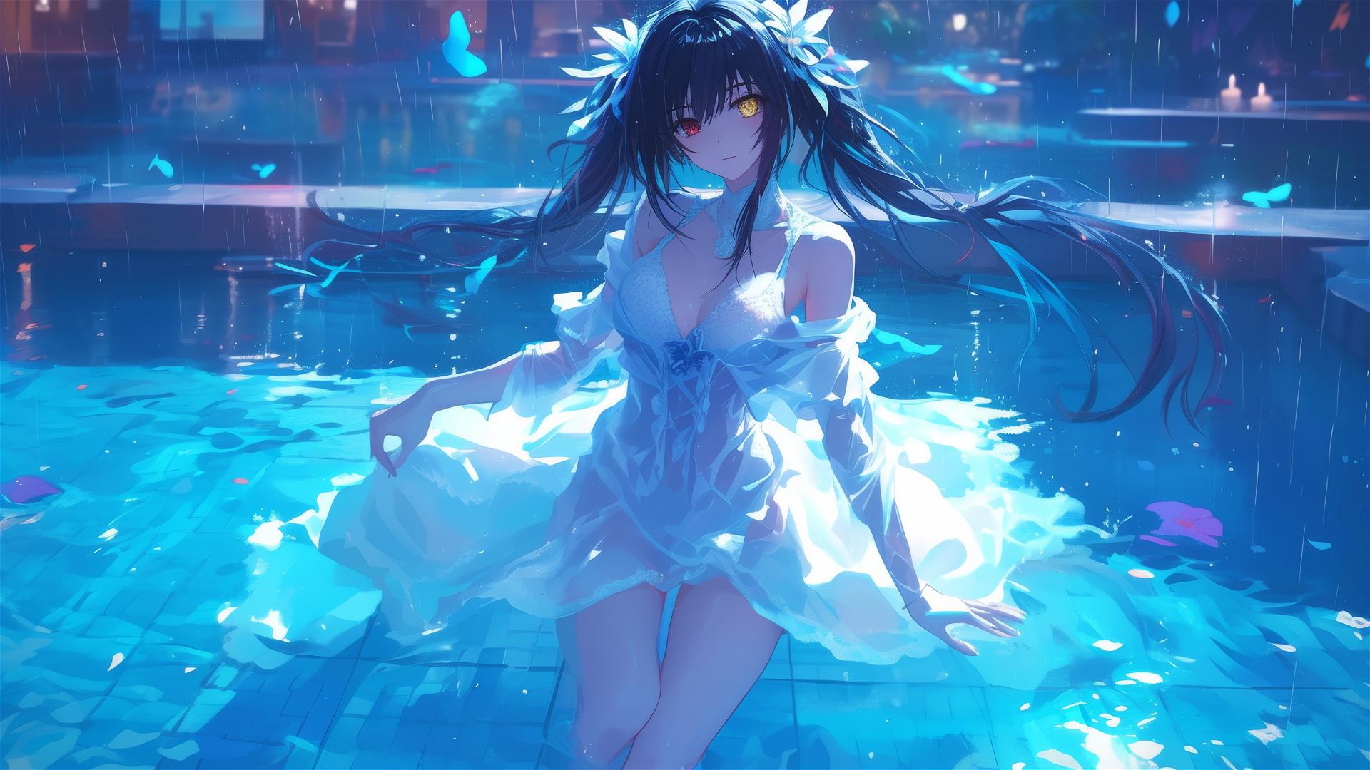 Kurumi Tokisaki, Date A Live, standing in pool, moonlight glow, white dress, red eye, yellow eye.