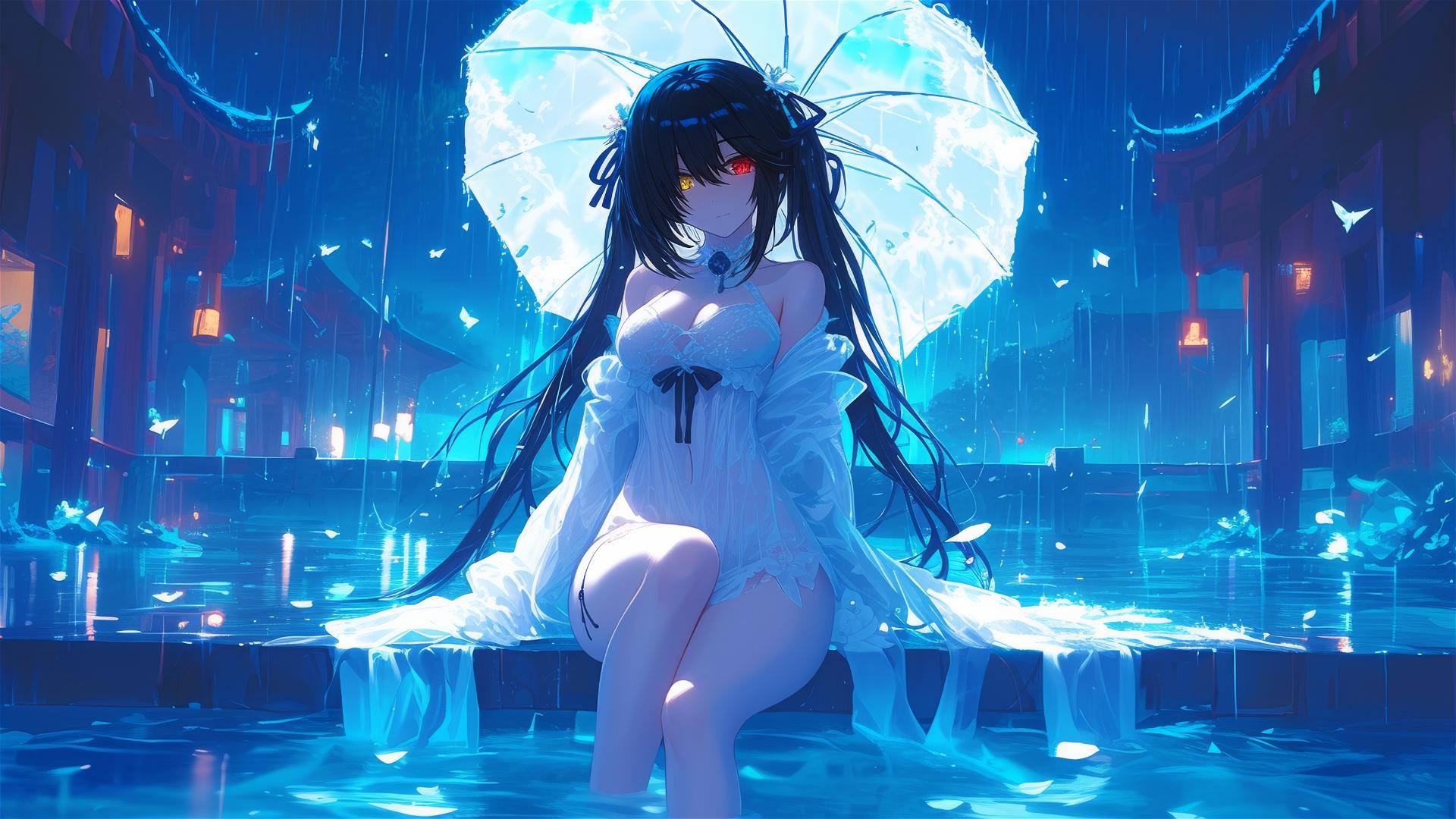 Kurumi Tokisaki standing in pool under moonlight, white dress, rainy, red and yellow eyes