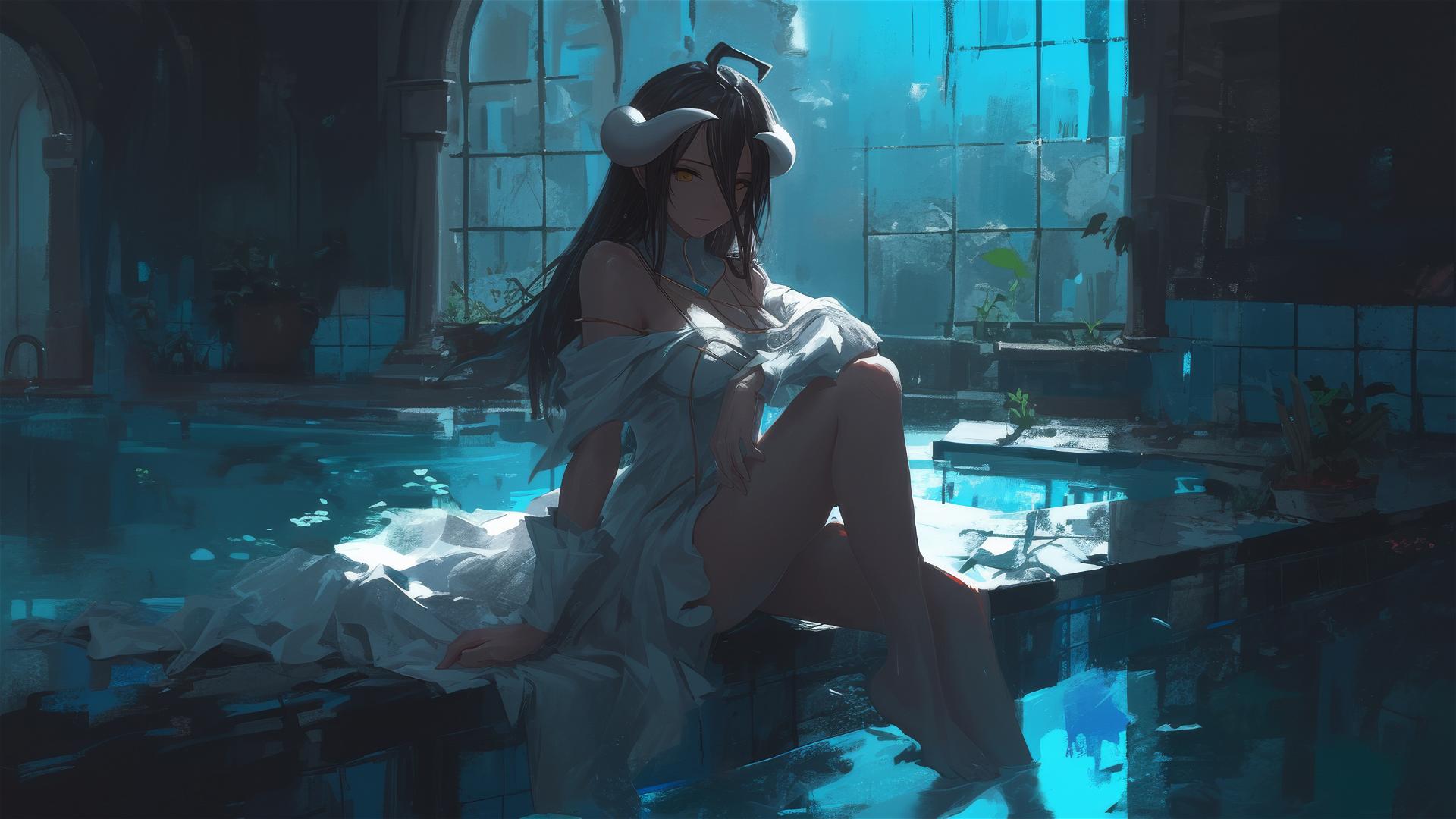 Albedo from Overlord in a pool on a rainy day, moonlight illuminating her in a white bunny outfit