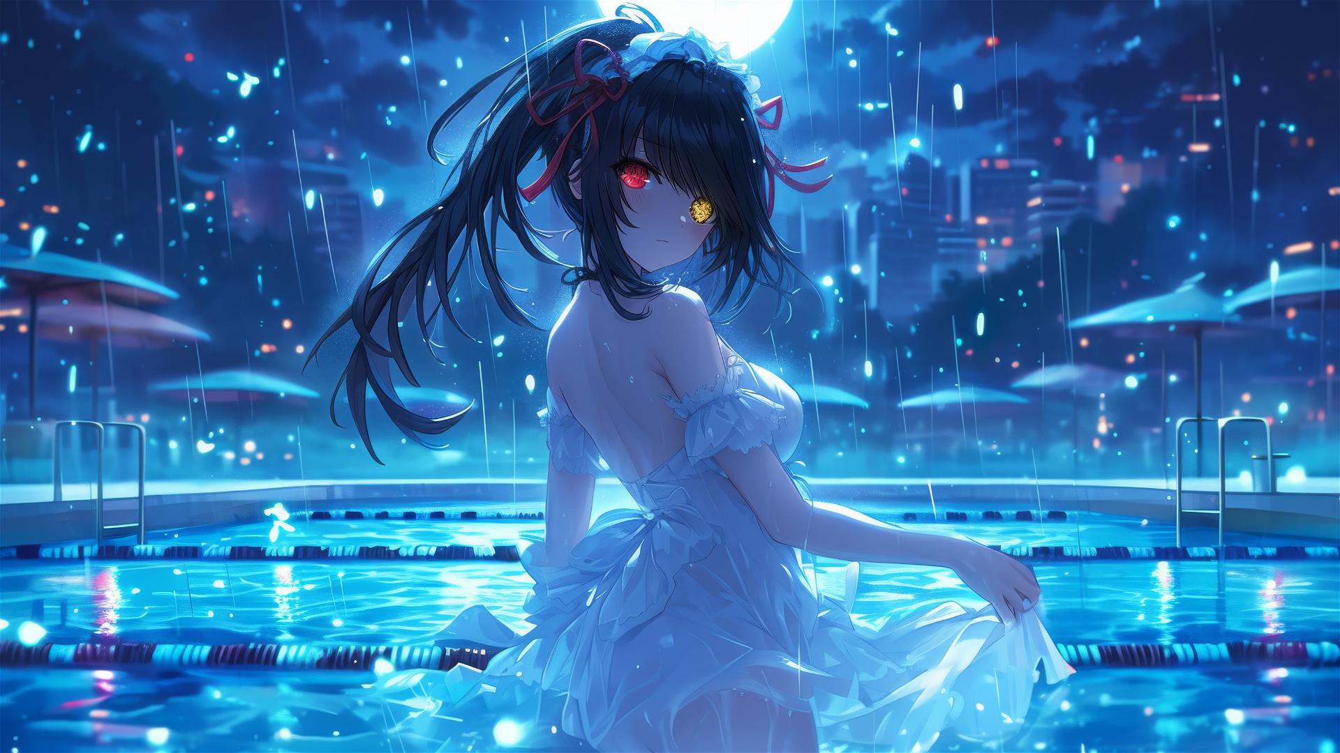 Kurumi Tokisaki in rain by pool with moon glow, red and yellow eyes