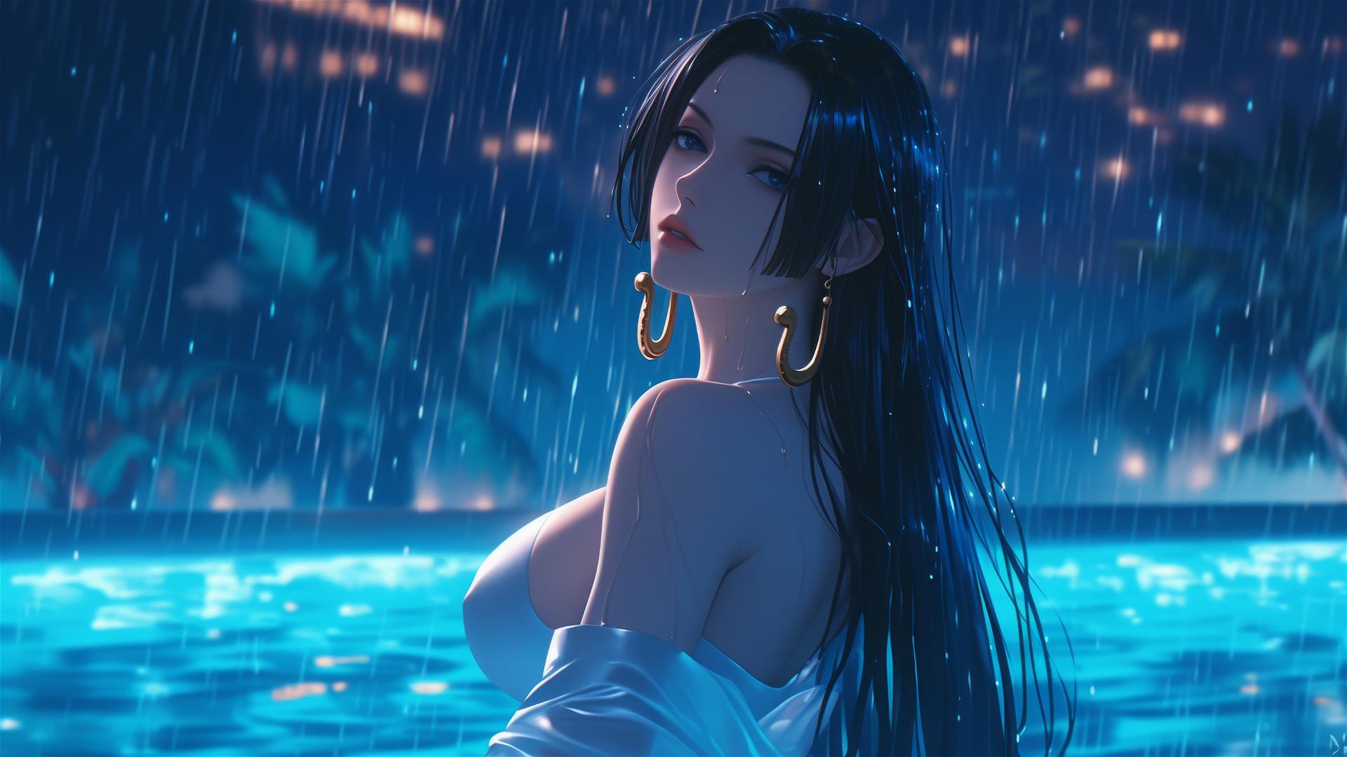 Boa Hancock from One Piece standing in pool under moonlight with white dress