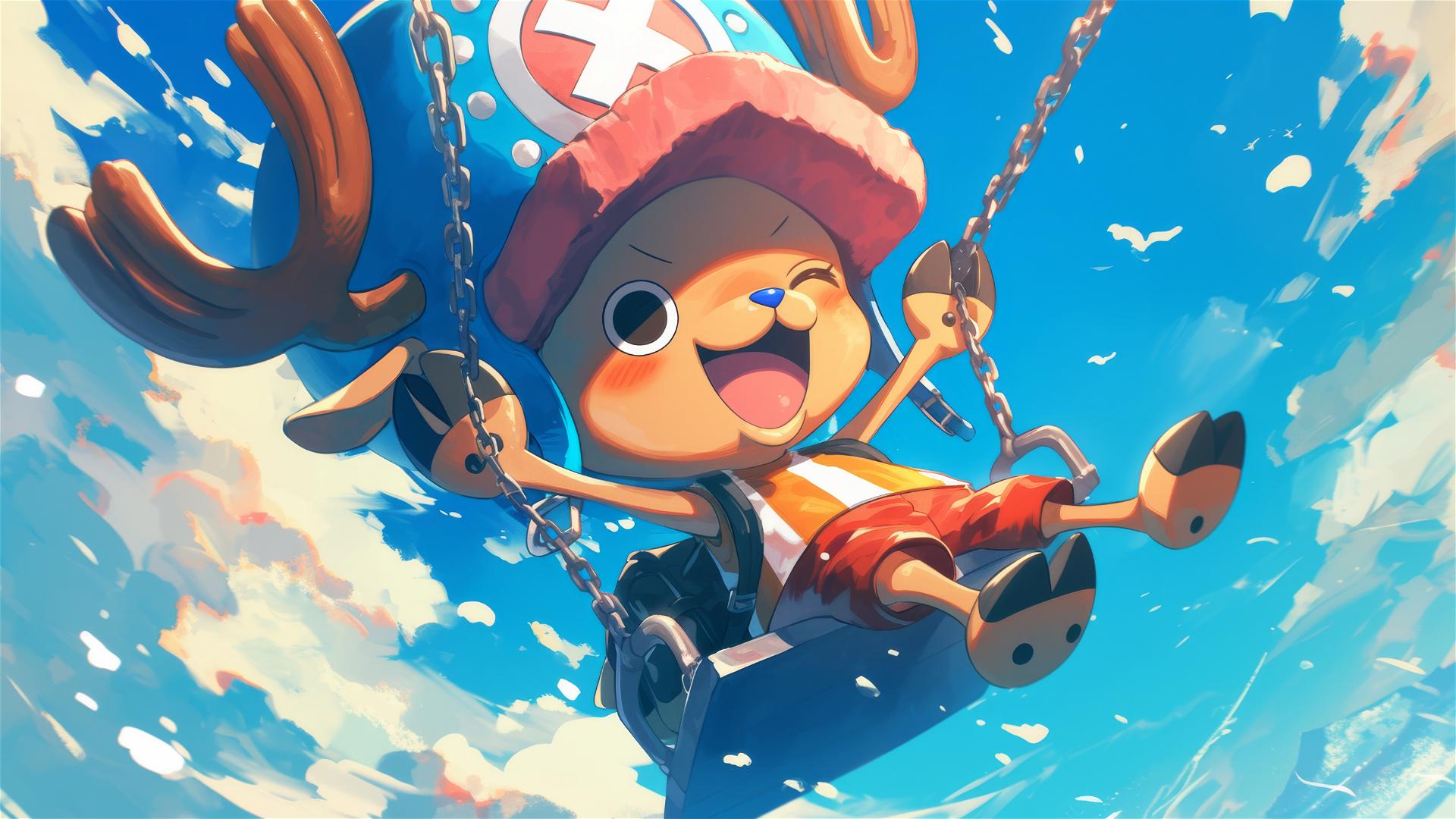 Tony Tony Chopper on swing, feet in sky, joyful