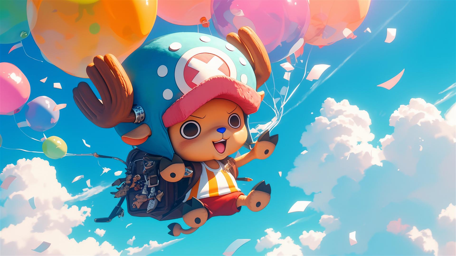 Tony Tony Chopper from One Piece with colorful balloons floating above ground