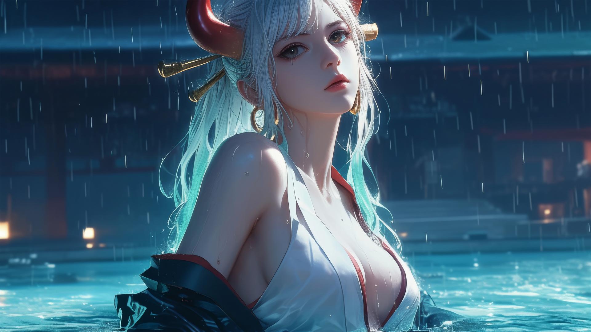 Yamato from One Piece standing in a pool with moonlight glow, 8k image