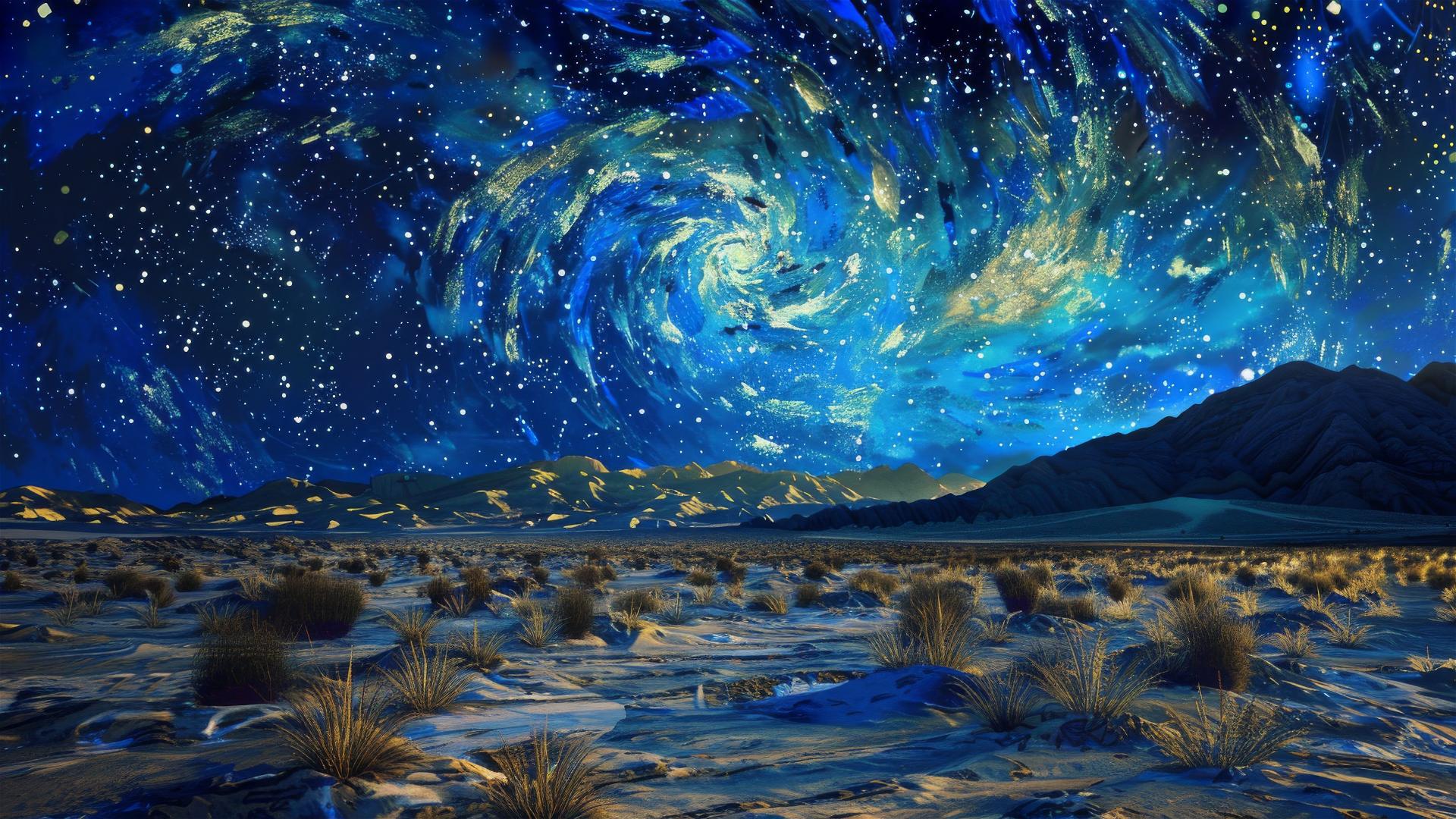 Death Valley under starlit sky in Van Gogh's Starry Night style