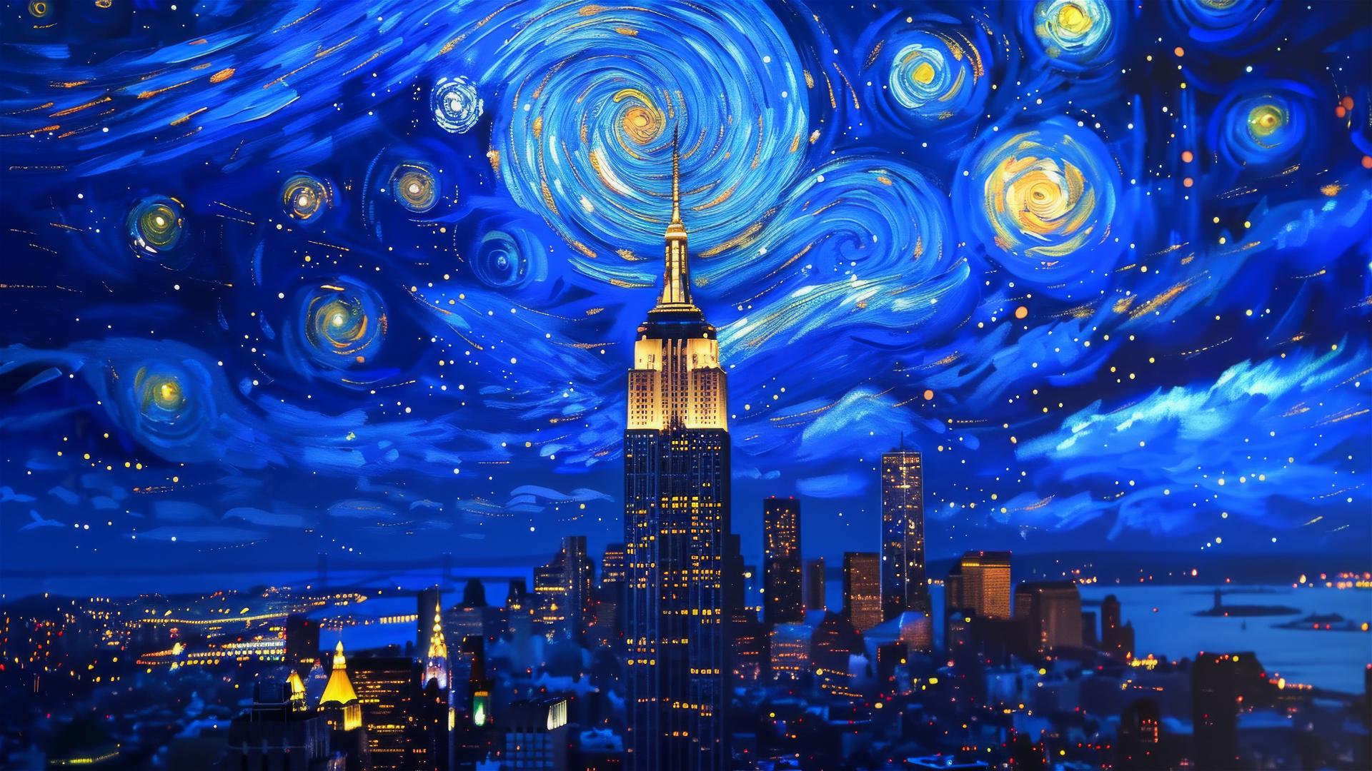 Empire State Building with swirling star patterns like Starry Night
