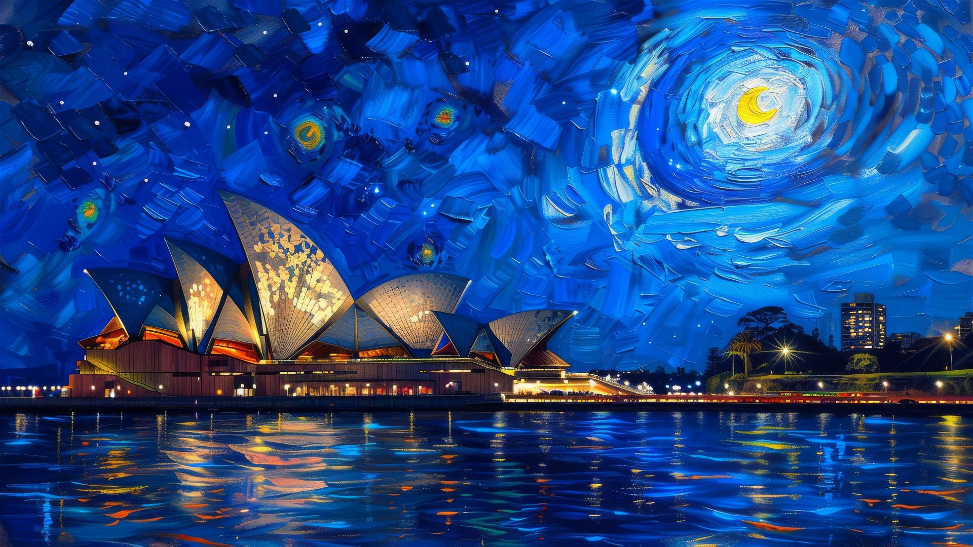 Sydney Opera House at twilight with van Gogh Starry Night sky