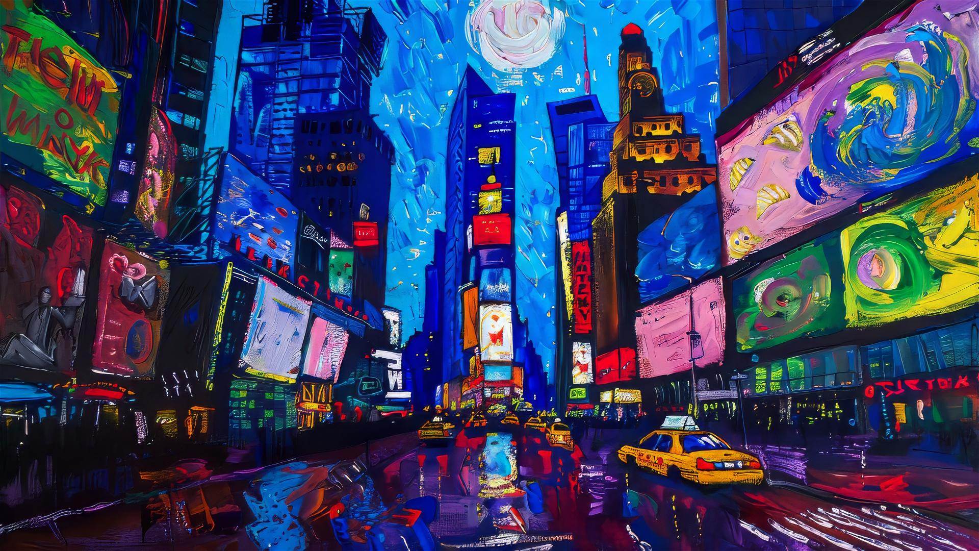 Times Square at night with van Gogh Starry Night sky and neon lights