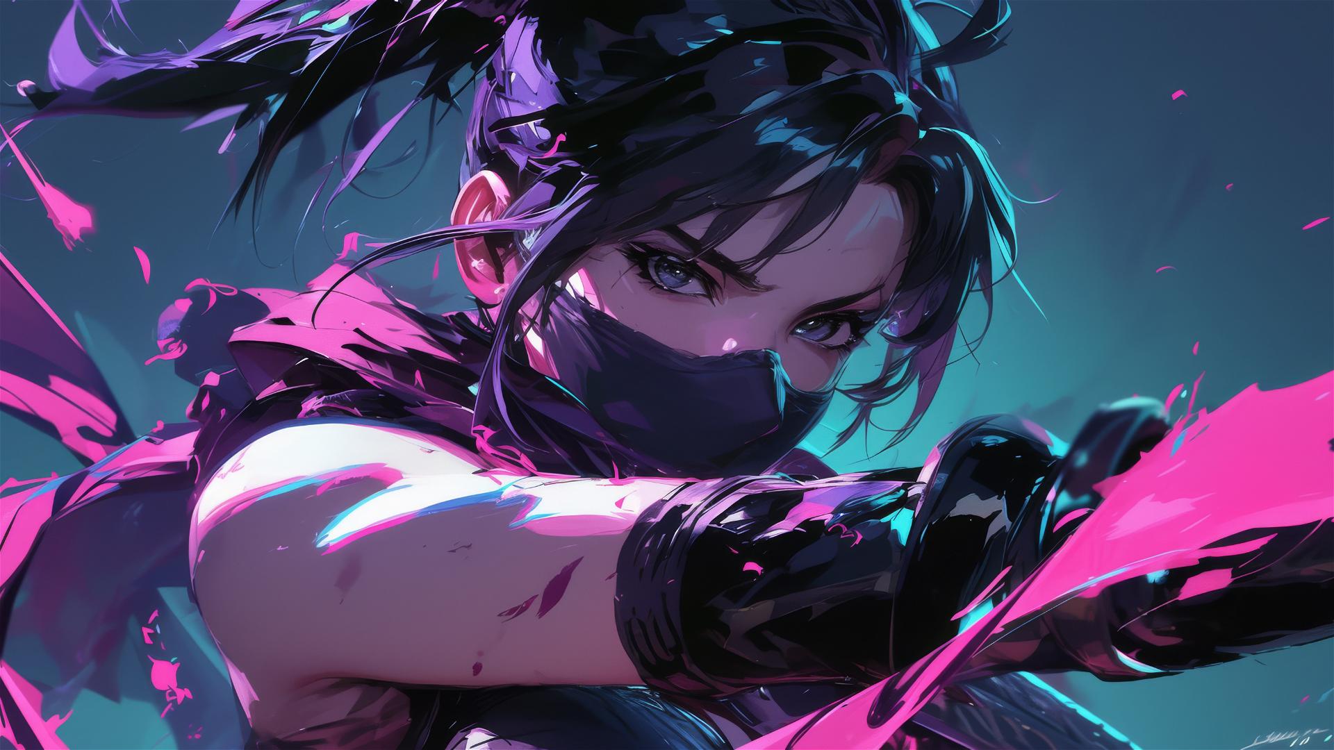Ninja girl in dynamic pose with thigh focus, short hair & dark mask