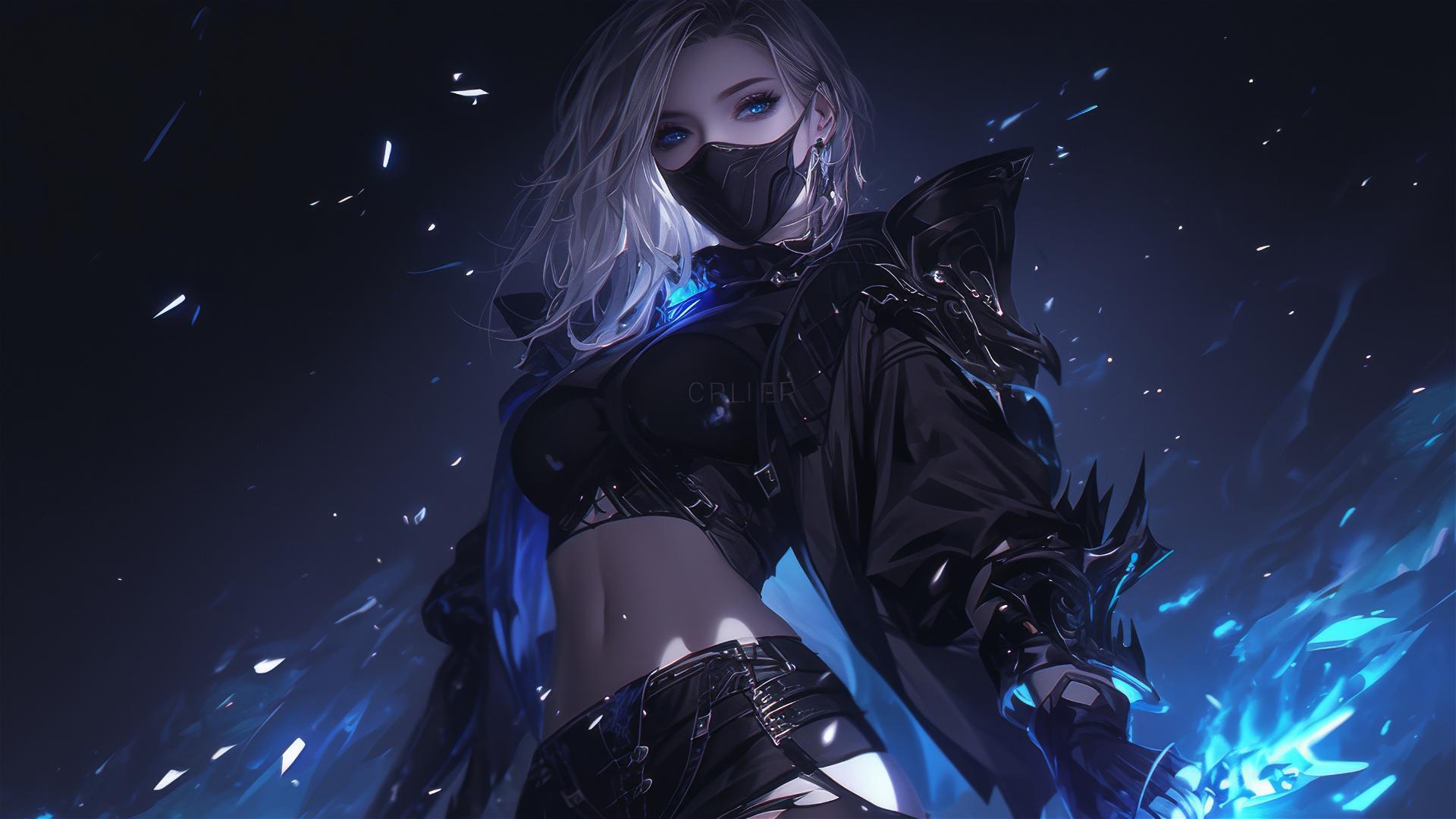 Demon girl with short hair and dark mask in spotlight