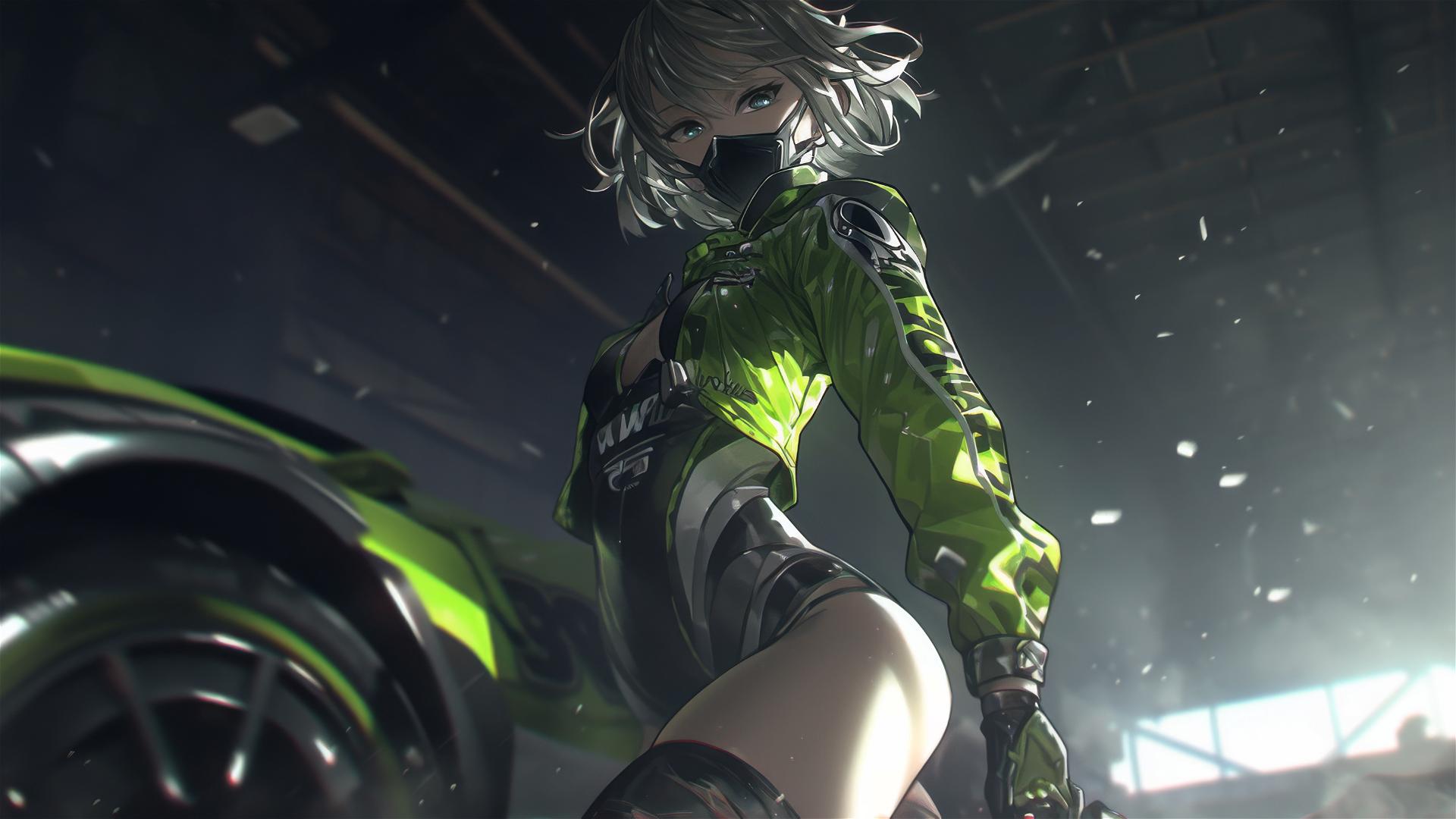 Motorsport racer girl with a masked face and short hair in a dynamic pose focusing on the thigh, illuminated by a spotlight against a dark background