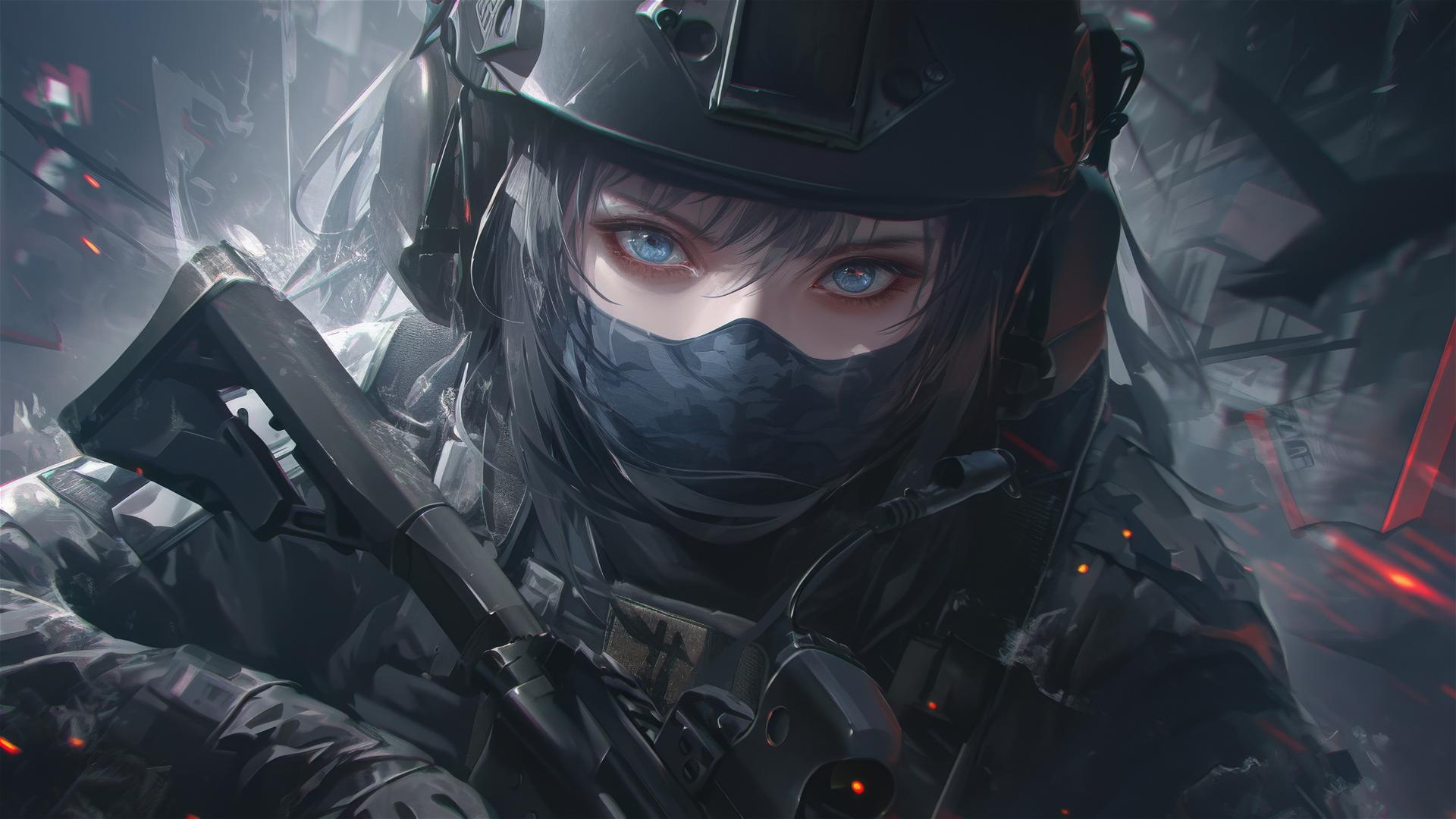 Tactical school girl with beautiful masked face and thigh focus in dynamic pose