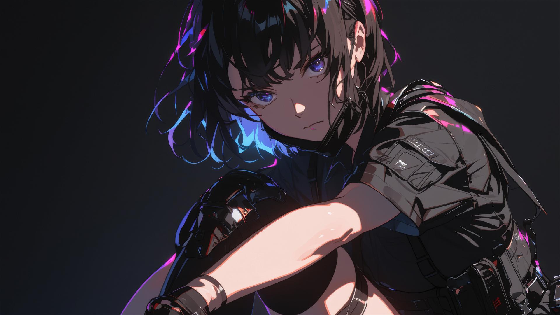 Tactical school girl with short hair and dark mask in dynamic pose