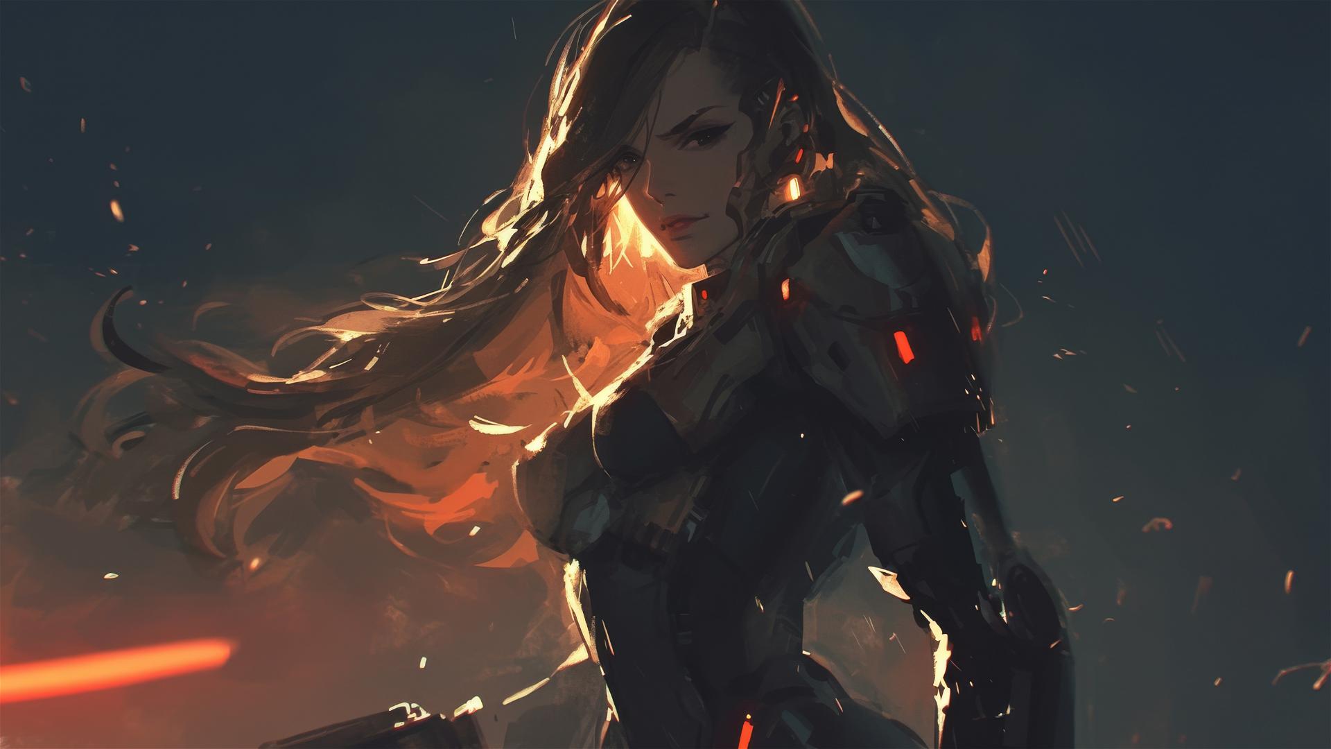 Space Marine Girl in dynamic pose with thigh focus on dark background