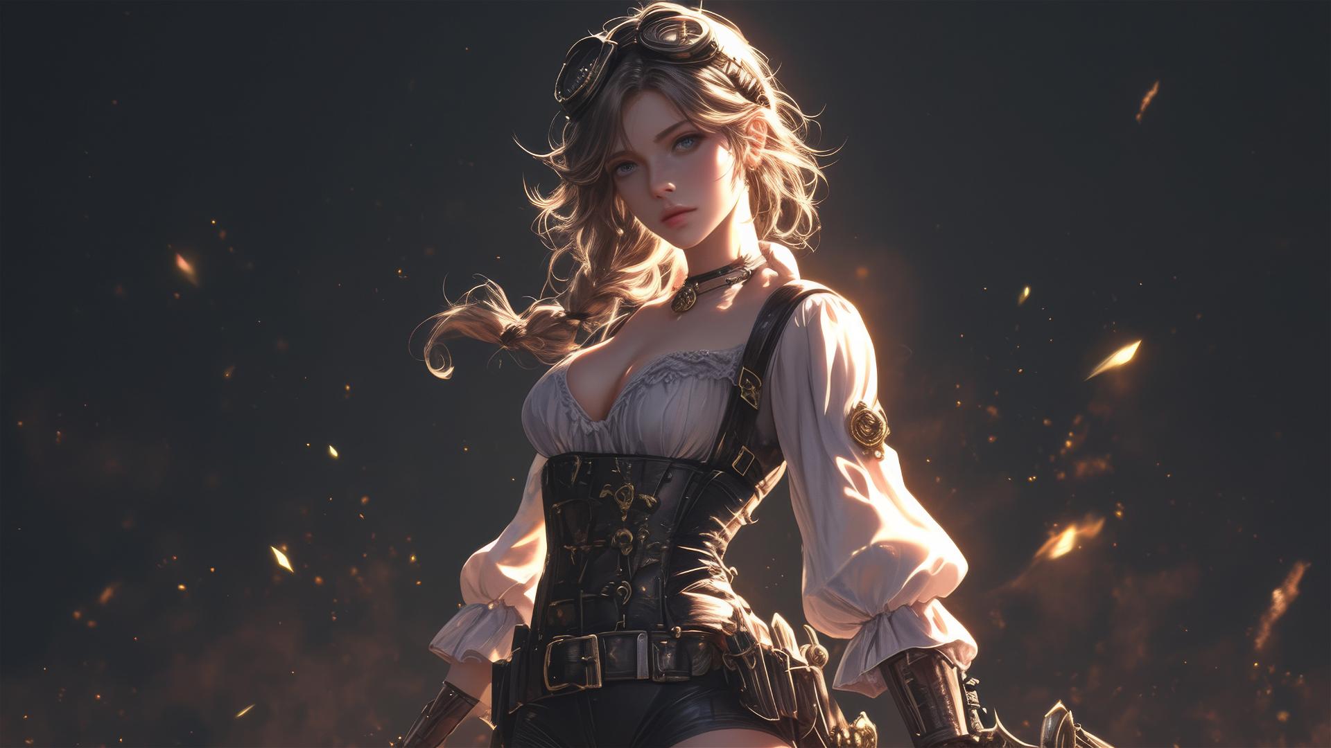 Steampunk Adventurer Girl in dynamic pose with thigh focus on dark background