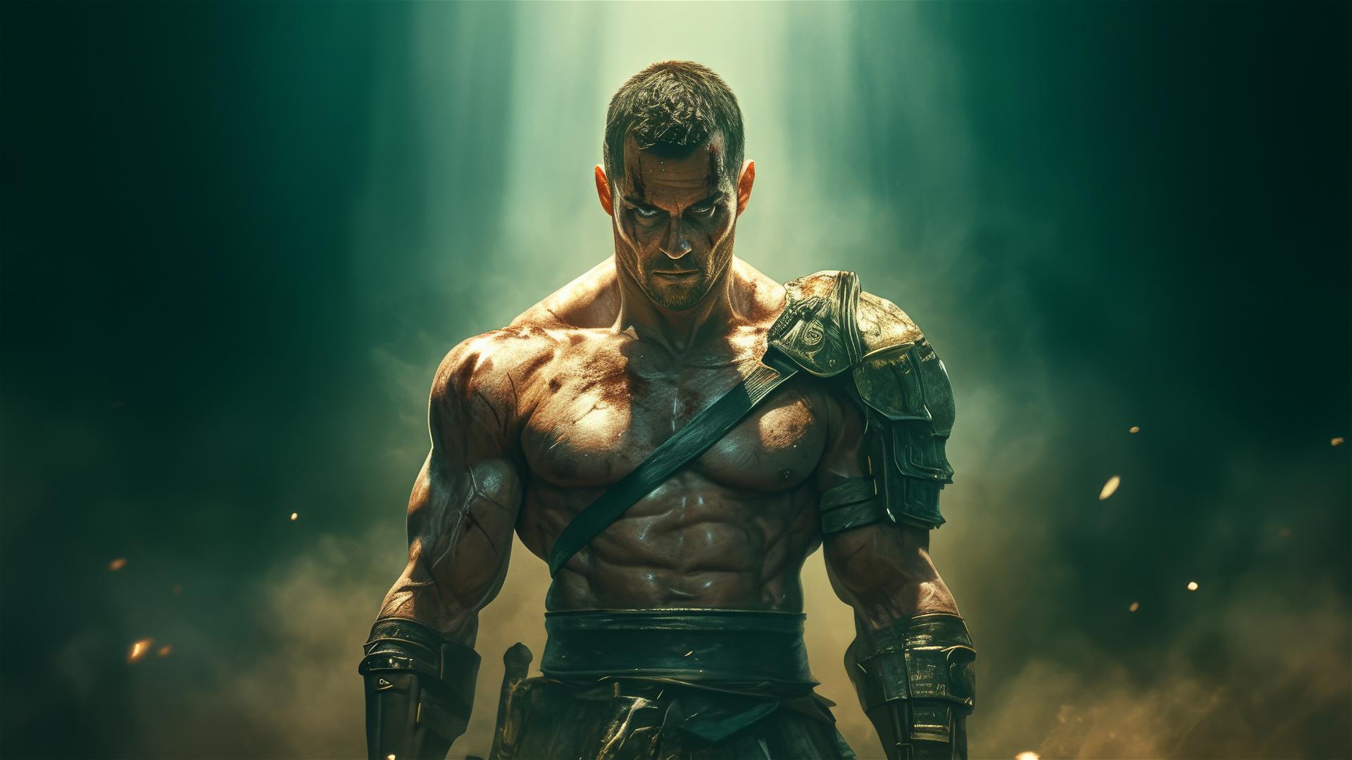 Gladiator warrior isolated on dark background with spotlight and thigh focus