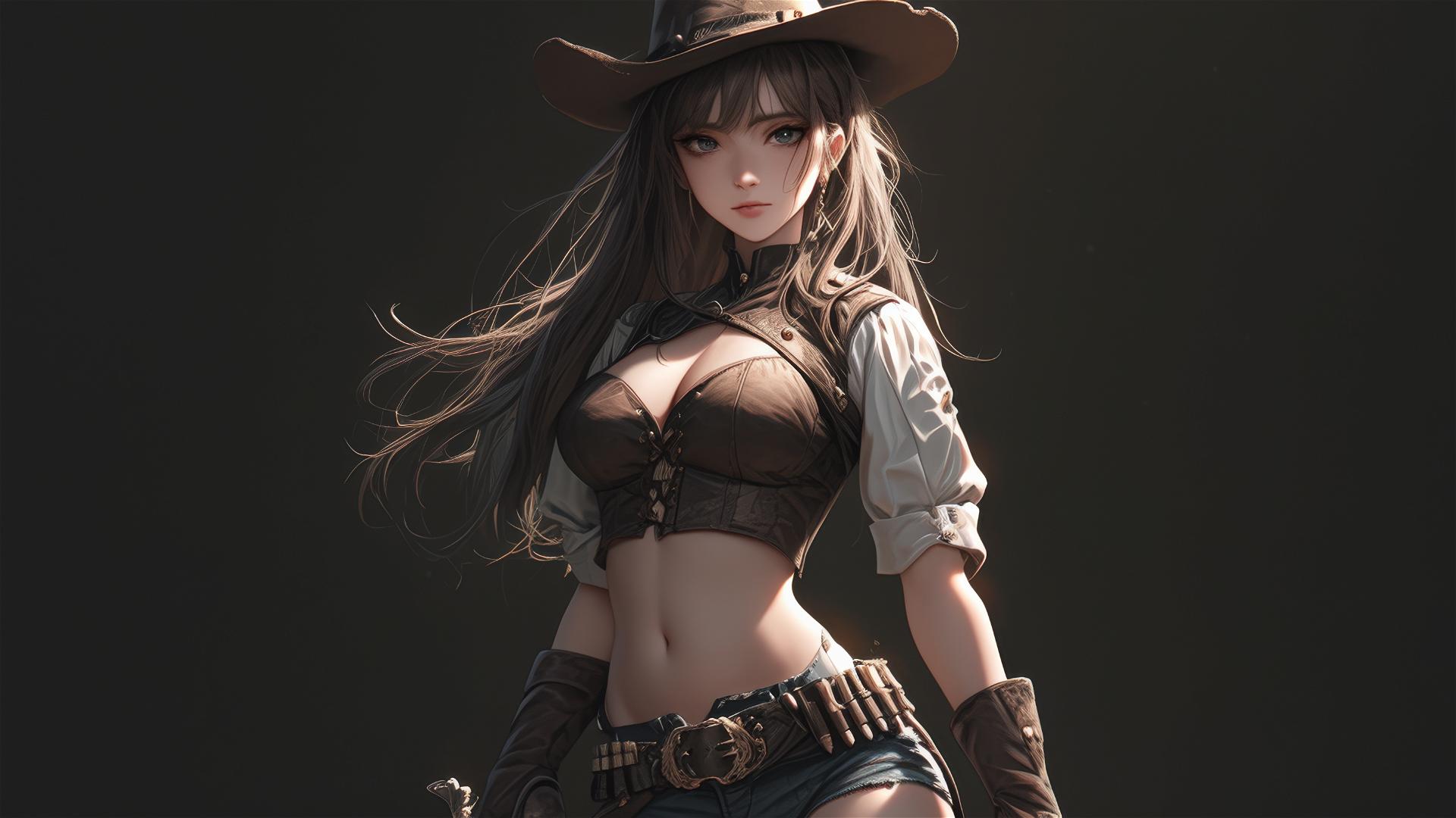 Wild West gunslinger girl with thigh focus on dark background