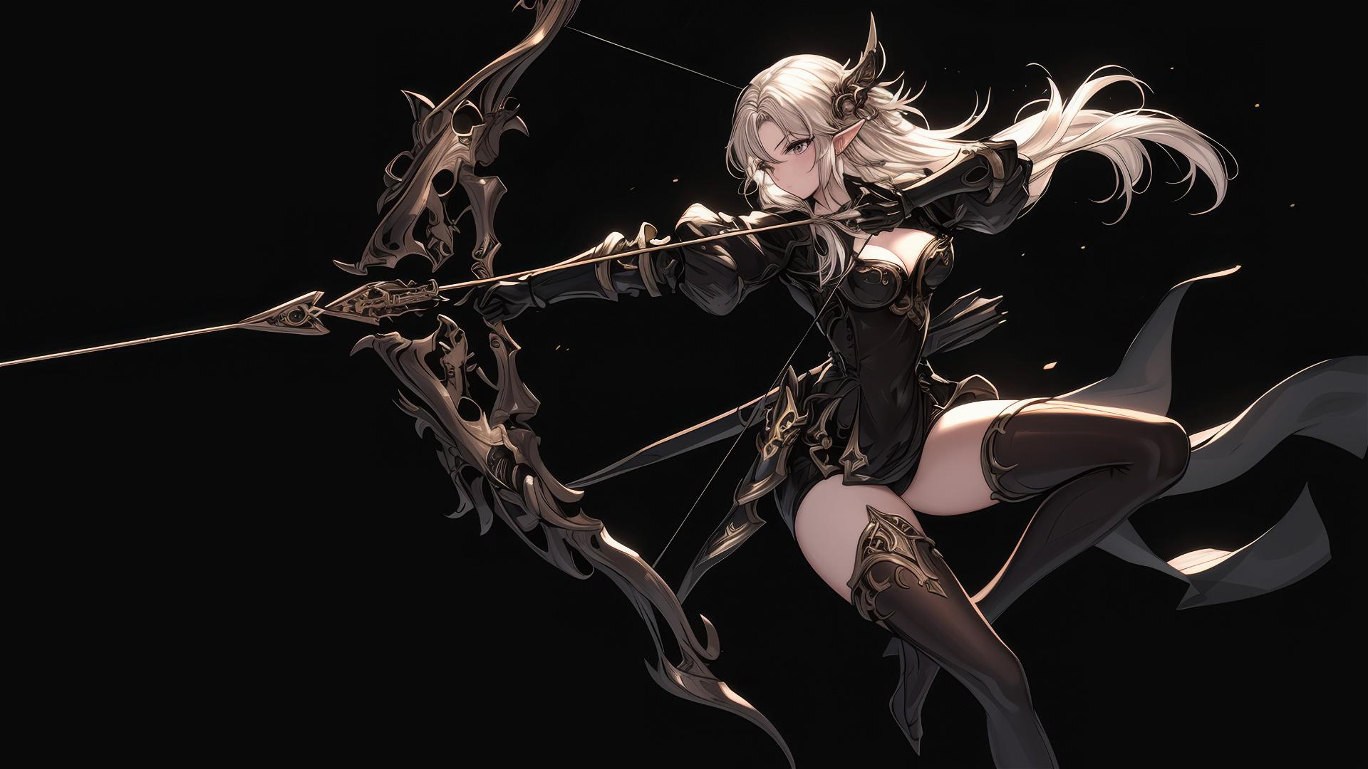 Fantasy Elf Archer in dynamic pose with thigh highlight and spotlight effect on dark background