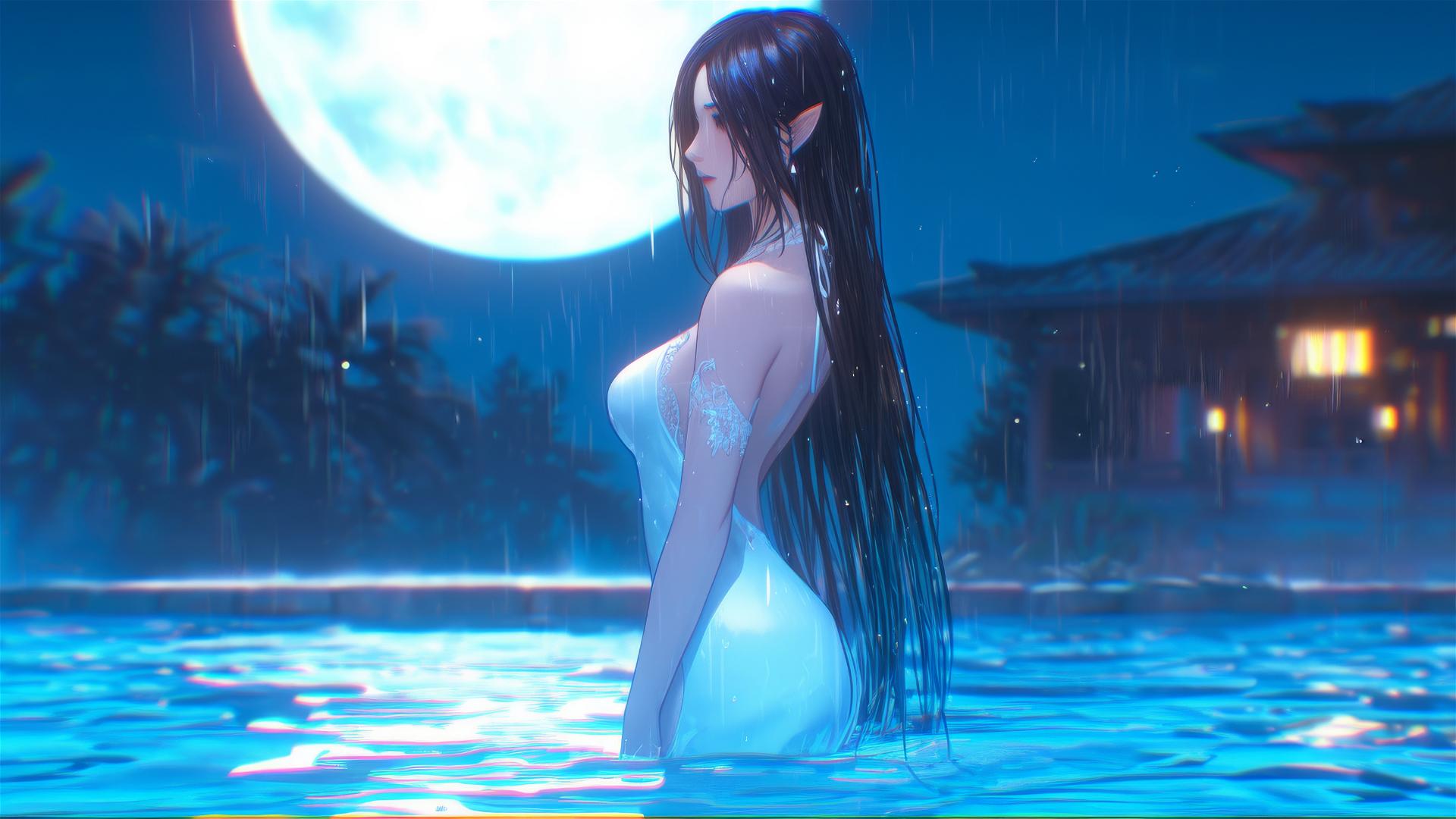 Fantasy elf girl in white dress standing in a pool under moonlight in the rain