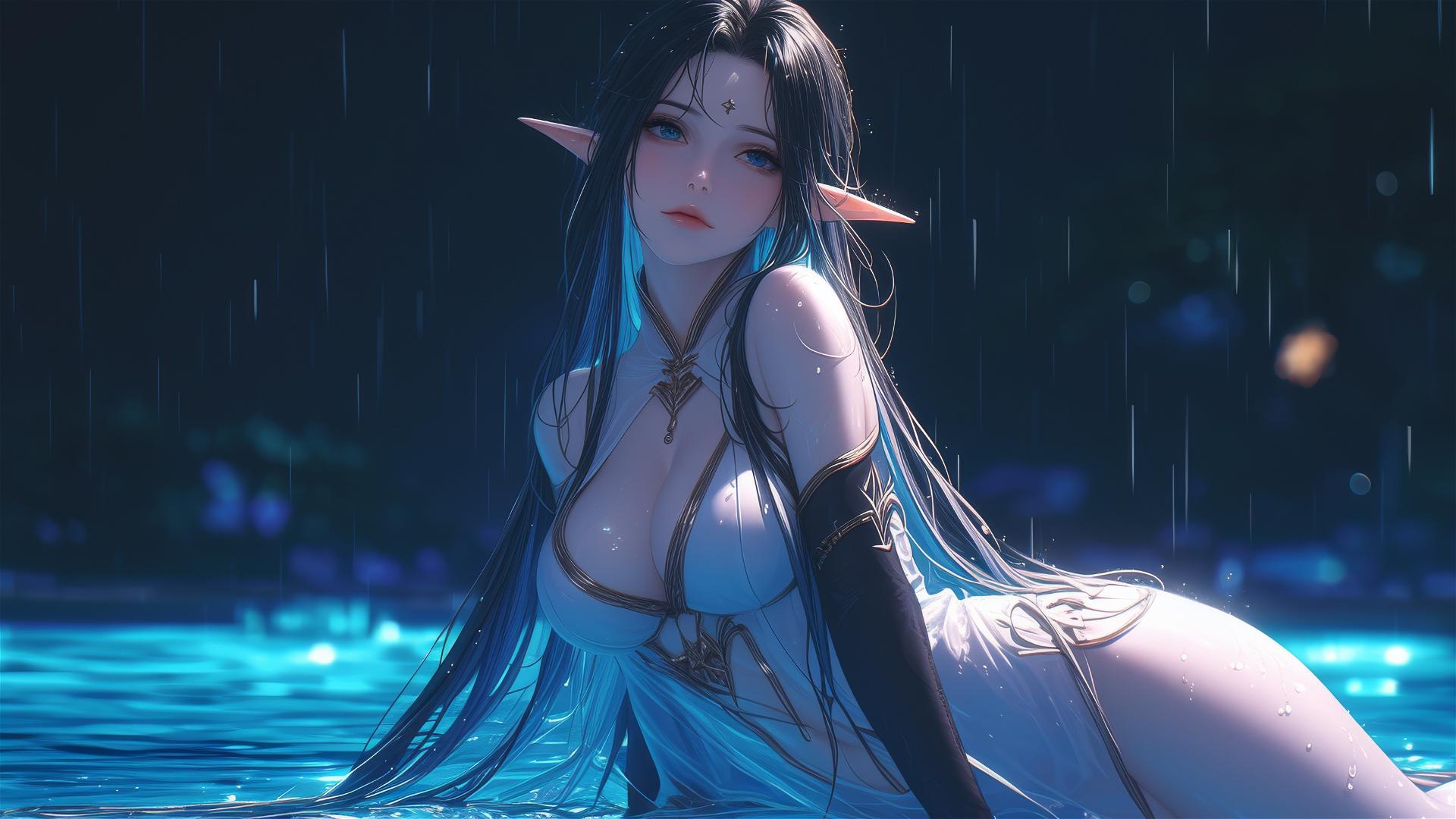 Fantasy Elf girl resting by a moonlit pool in the rain
