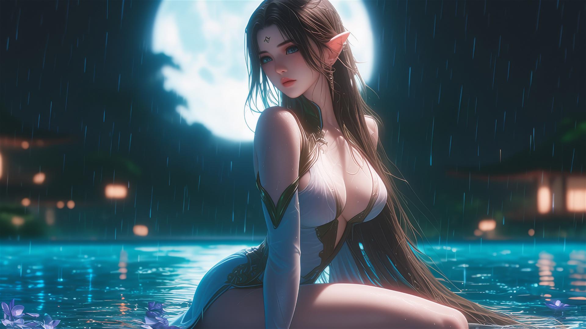 Fantasy Elf girl resting by pool in moonlit rain, dressed in dark