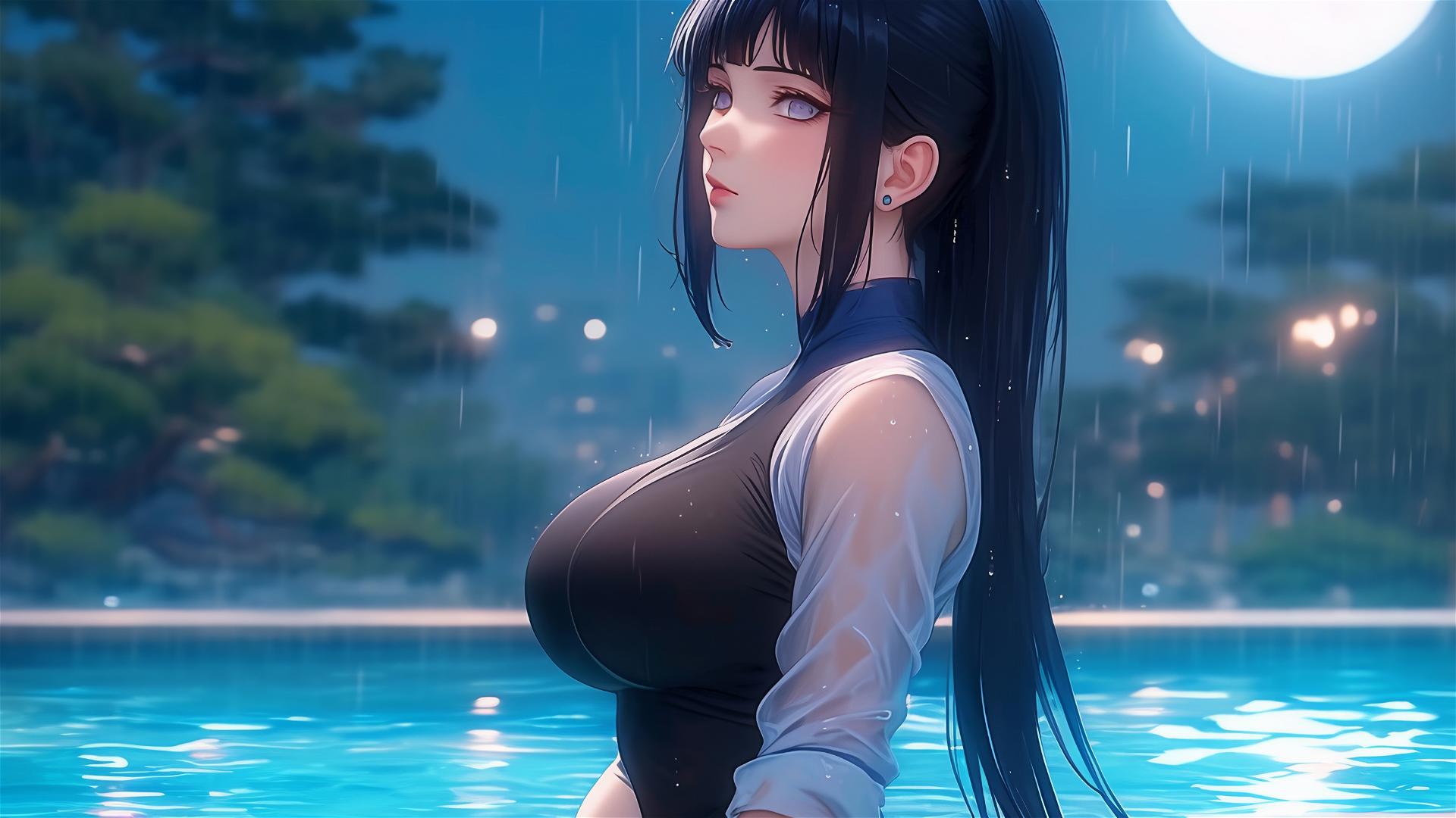 Hinata Hyuga by the pool in moonlight with rain