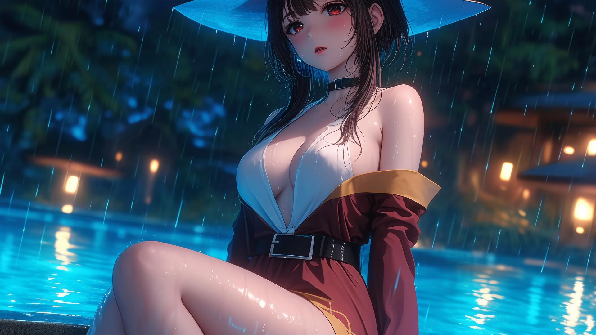 Megumin from KonoSuba resting by pool, moonlit and rainy