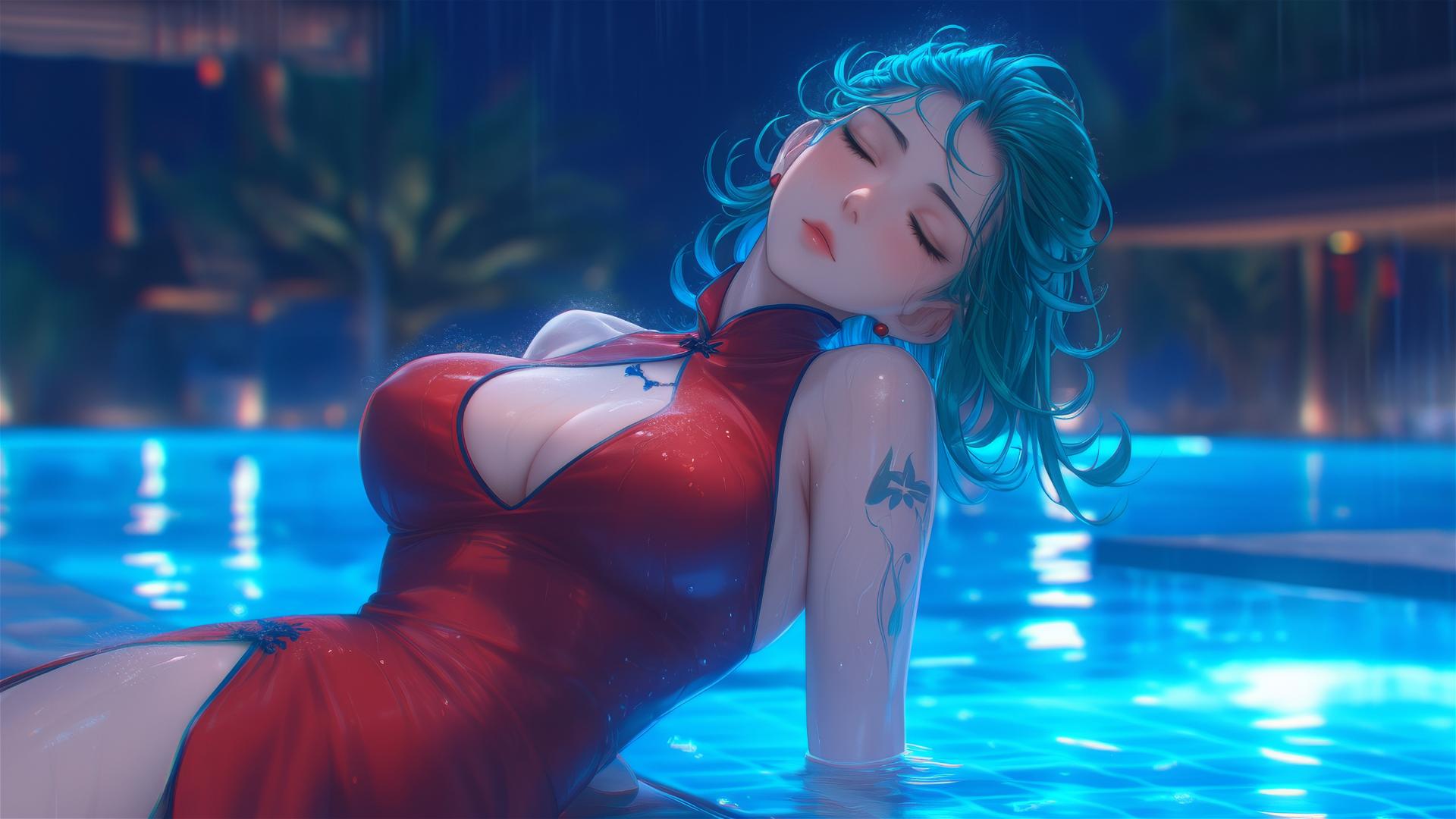 Anime character Tatsumaki resting by a pool under moonlight with rain, wearing a red dress